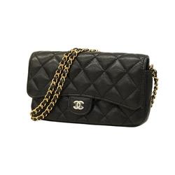 Chanel Shoulder Wallet Matelasse Chain Caviar Skin Black Champagne Women's