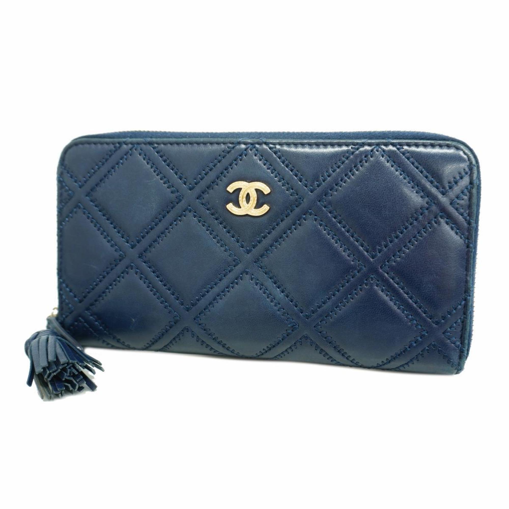 Chanel Long Wallet Double Stitched Lambskin Navy Champagne Women's