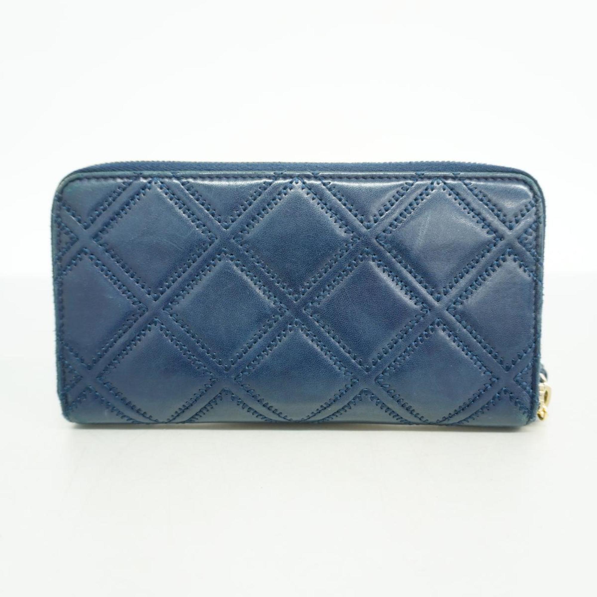 Chanel Long Wallet Double Stitched Lambskin Navy Champagne Women's