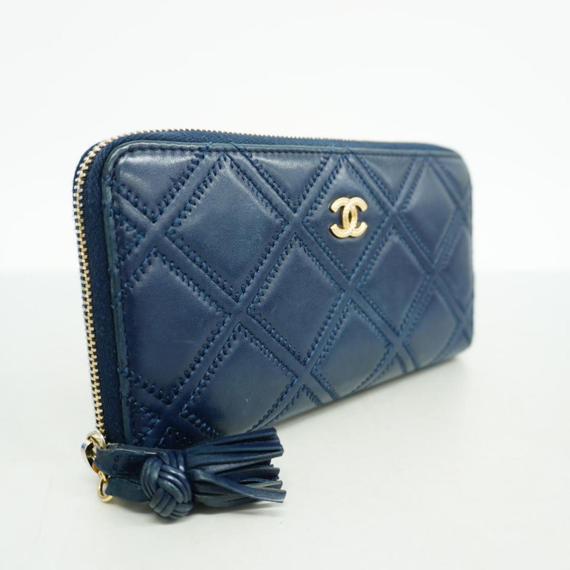 Chanel Long Wallet Double Stitched Lambskin Navy Champagne Women's