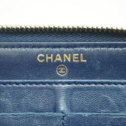 Chanel Long Wallet Double Stitched Lambskin Navy Champagne Women's