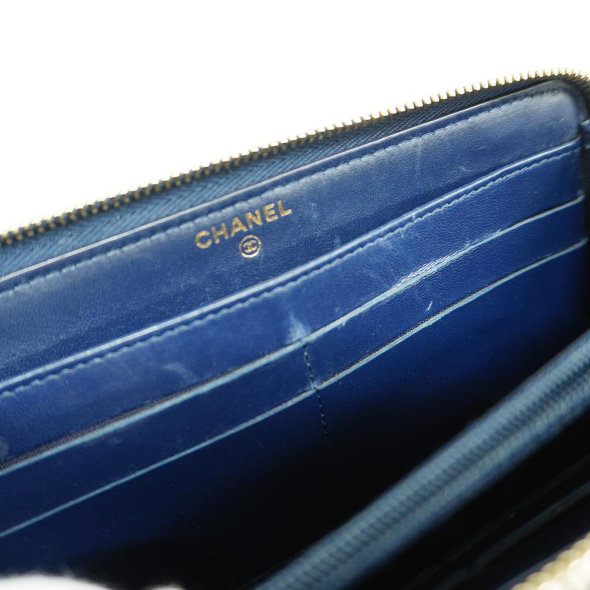 Chanel Long Wallet Double Stitched Lambskin Navy Champagne Women's