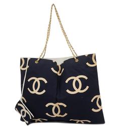 Chanel Tote Bag Chain Shoulder Canvas Navy Women's