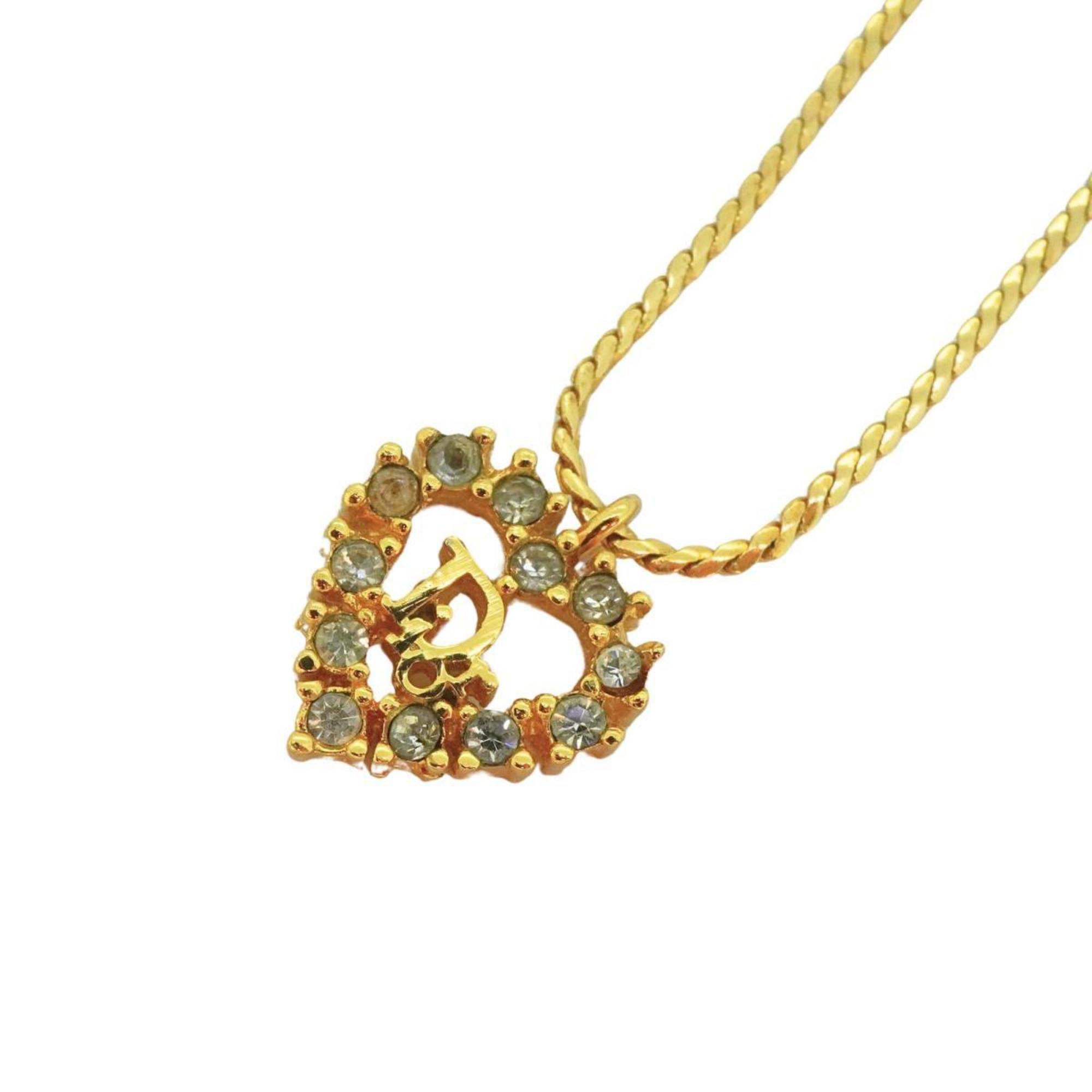 Christian Dior Necklace Heart Motif Rhinestone GP Plated Gold Women's