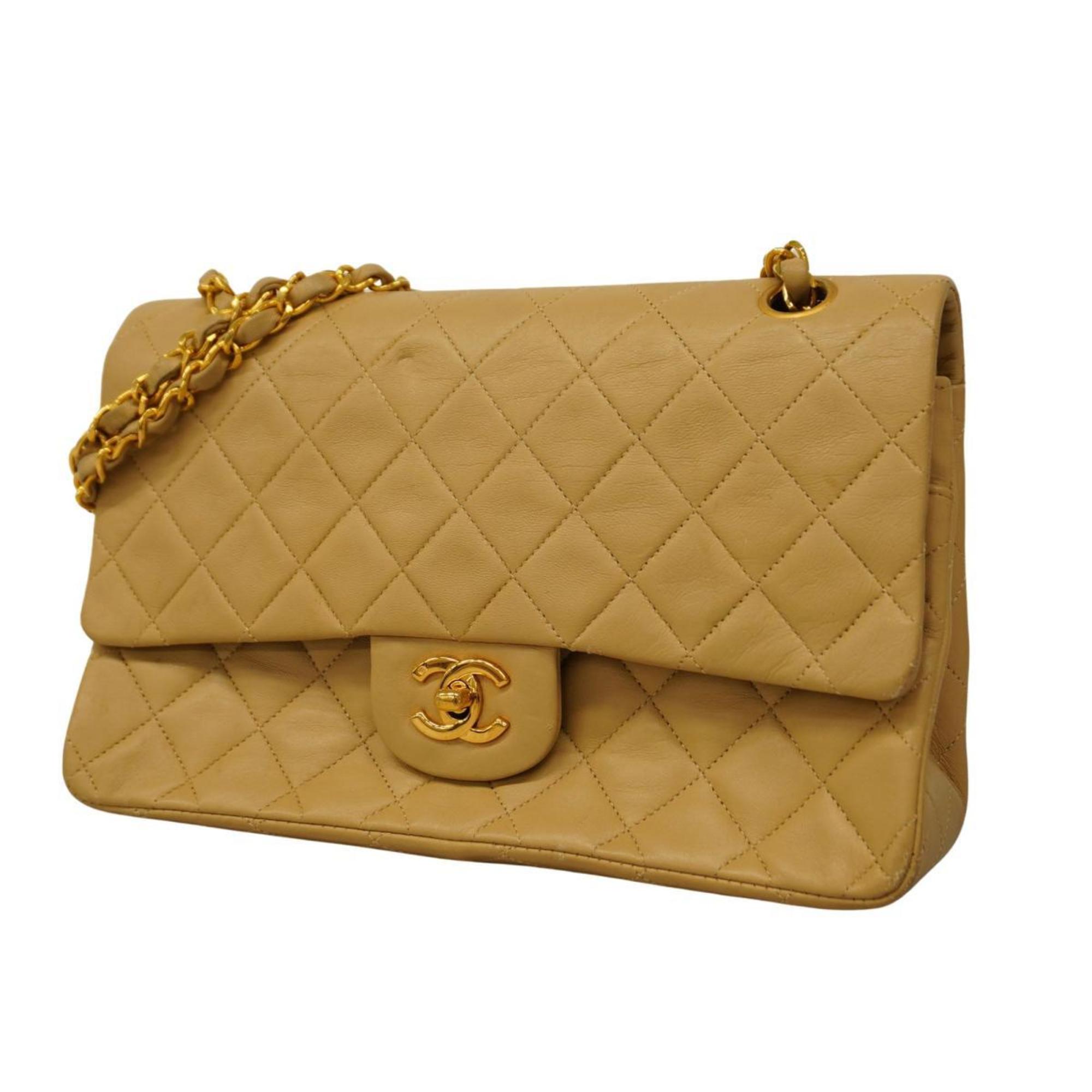 Chanel Shoulder Bag Matelasse W Flap Chain Lambskin Beige Women's