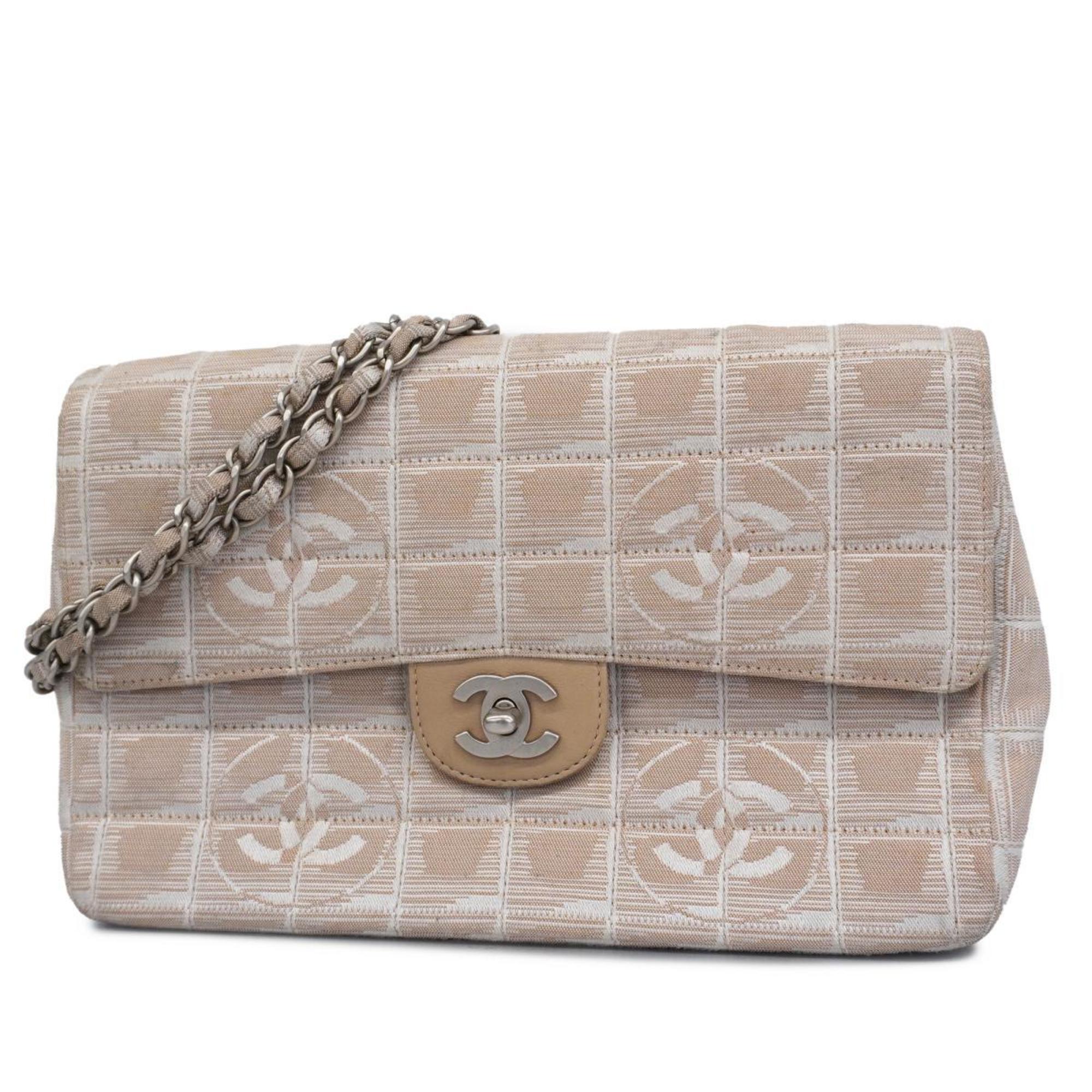 Chanel Shoulder Bag New Travel W Chain Canvas Beige Women's