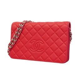 Chanel Shoulder Wallet Matelasse Chain Lambskin Red Women's