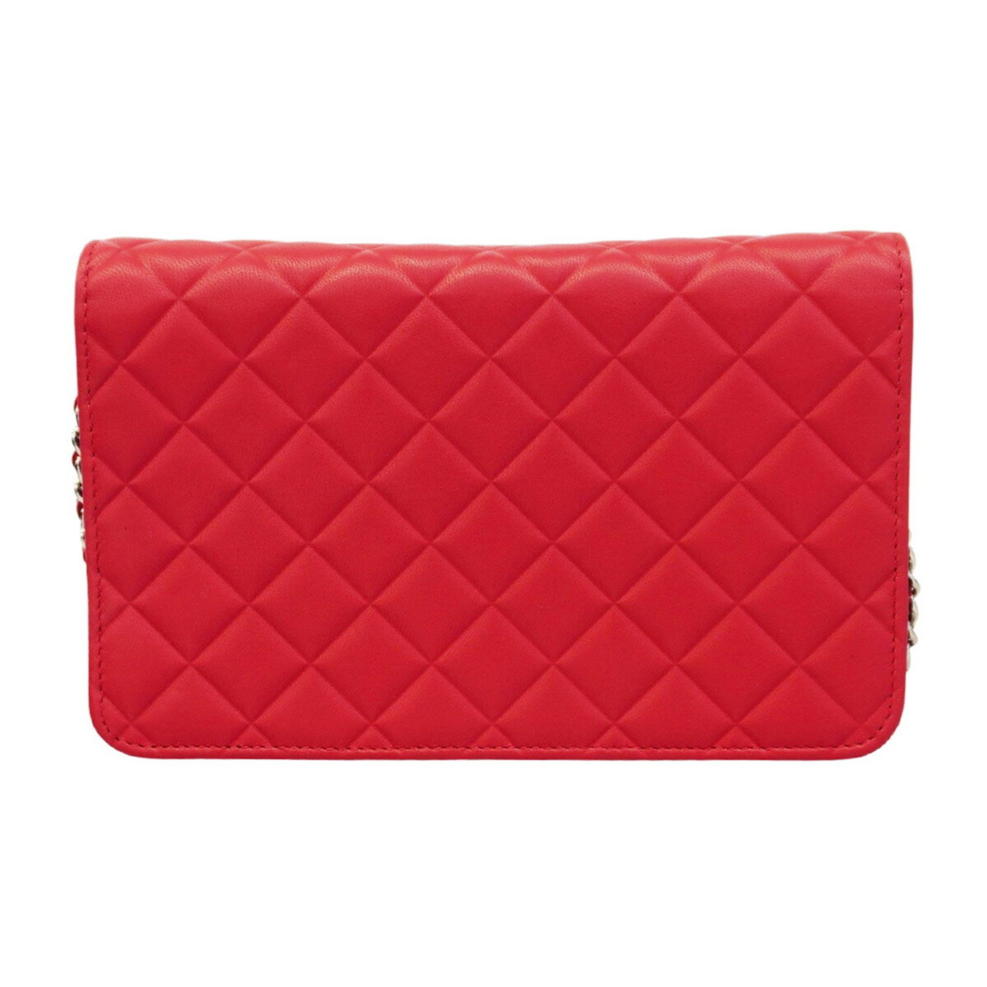 Chanel Shoulder Wallet Matelasse Chain Lambskin Red Women's