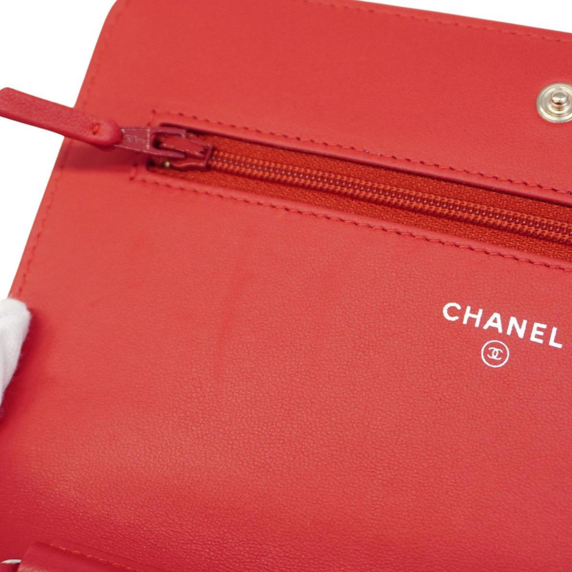 Chanel Shoulder Wallet Matelasse Chain Lambskin Red Women's