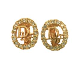 Christian Dior Earrings Oval Rhinestone GP Plated Gold Women's