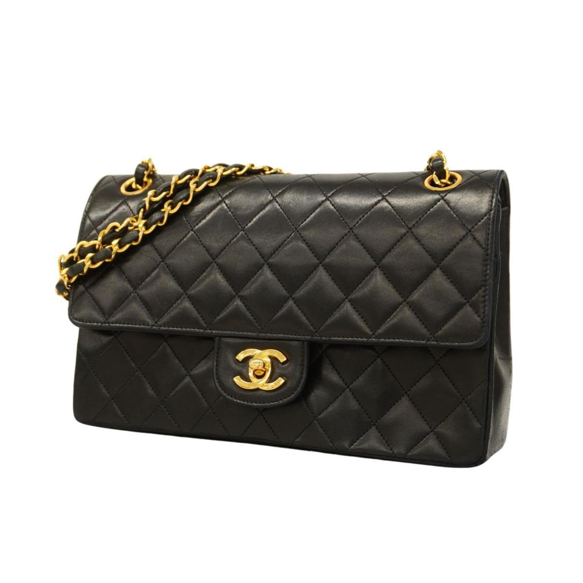 Chanel Shoulder Bag Matelasse W Flap Chain Lambskin Black Women's