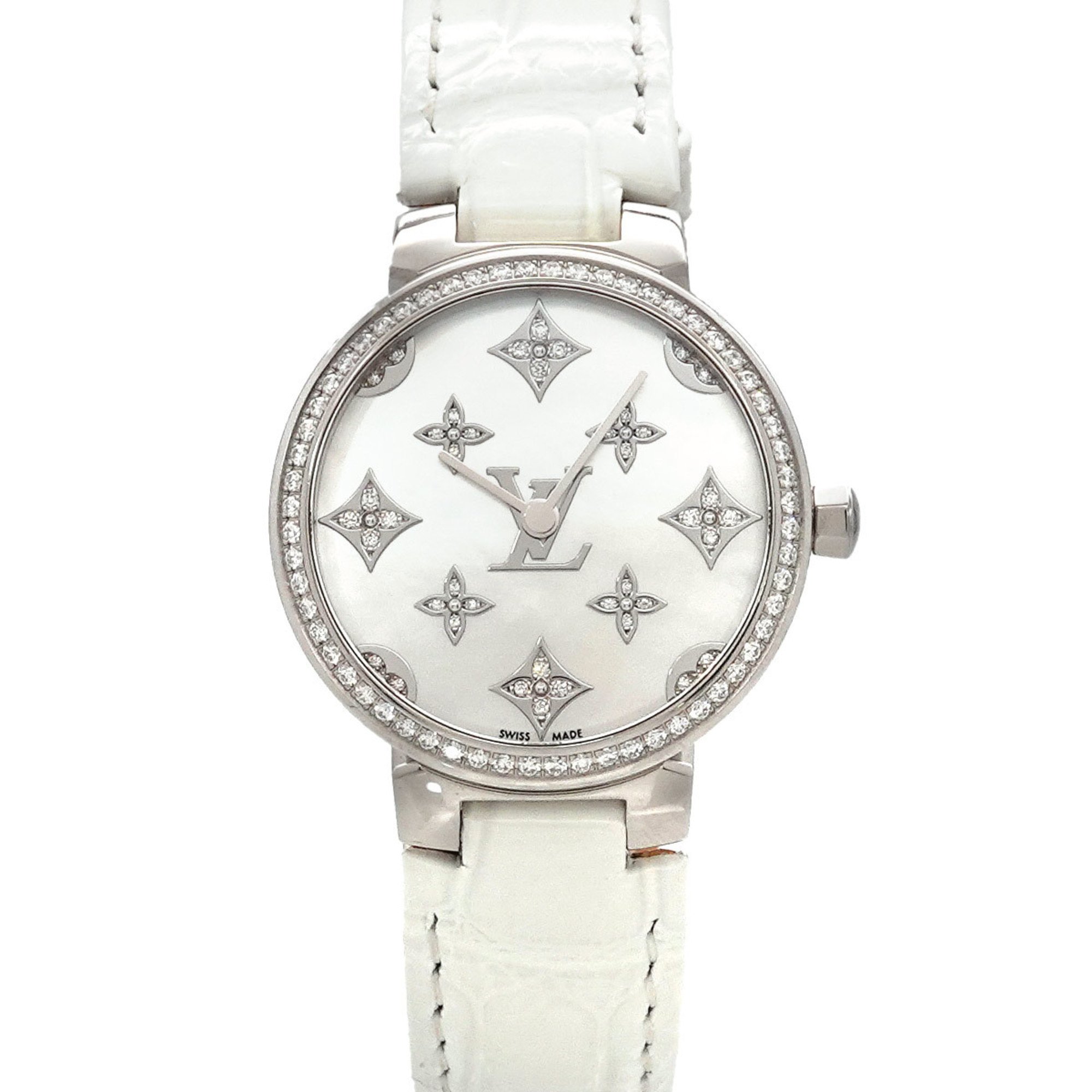 Louis Vuitton Tambour QA109 Ladies' Watch Diamond Bezel White Shell Quartz