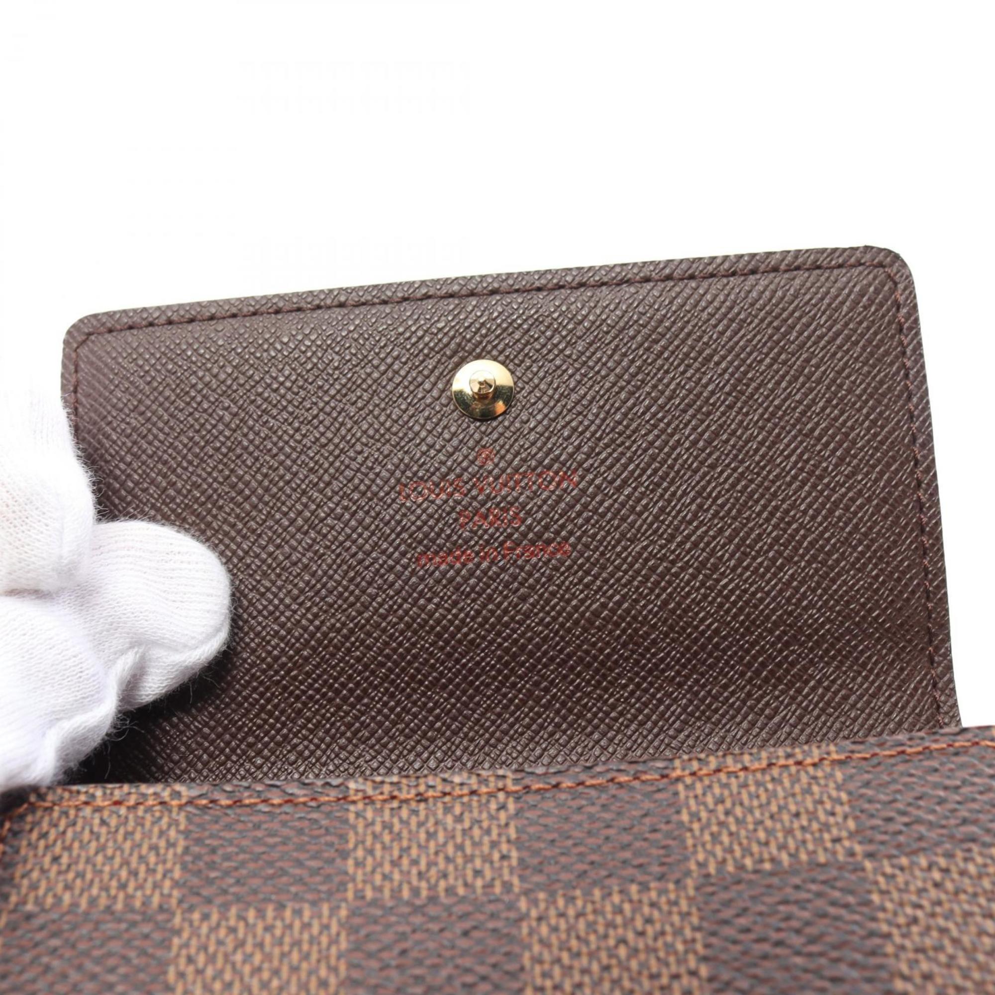 Louis Vuitton LOUIS VUITTON Porte Monnaie Bi-E Carte Credit Damier Ebene Tri-fold Wallet Coated Canvas Leather Women's Brown N61652