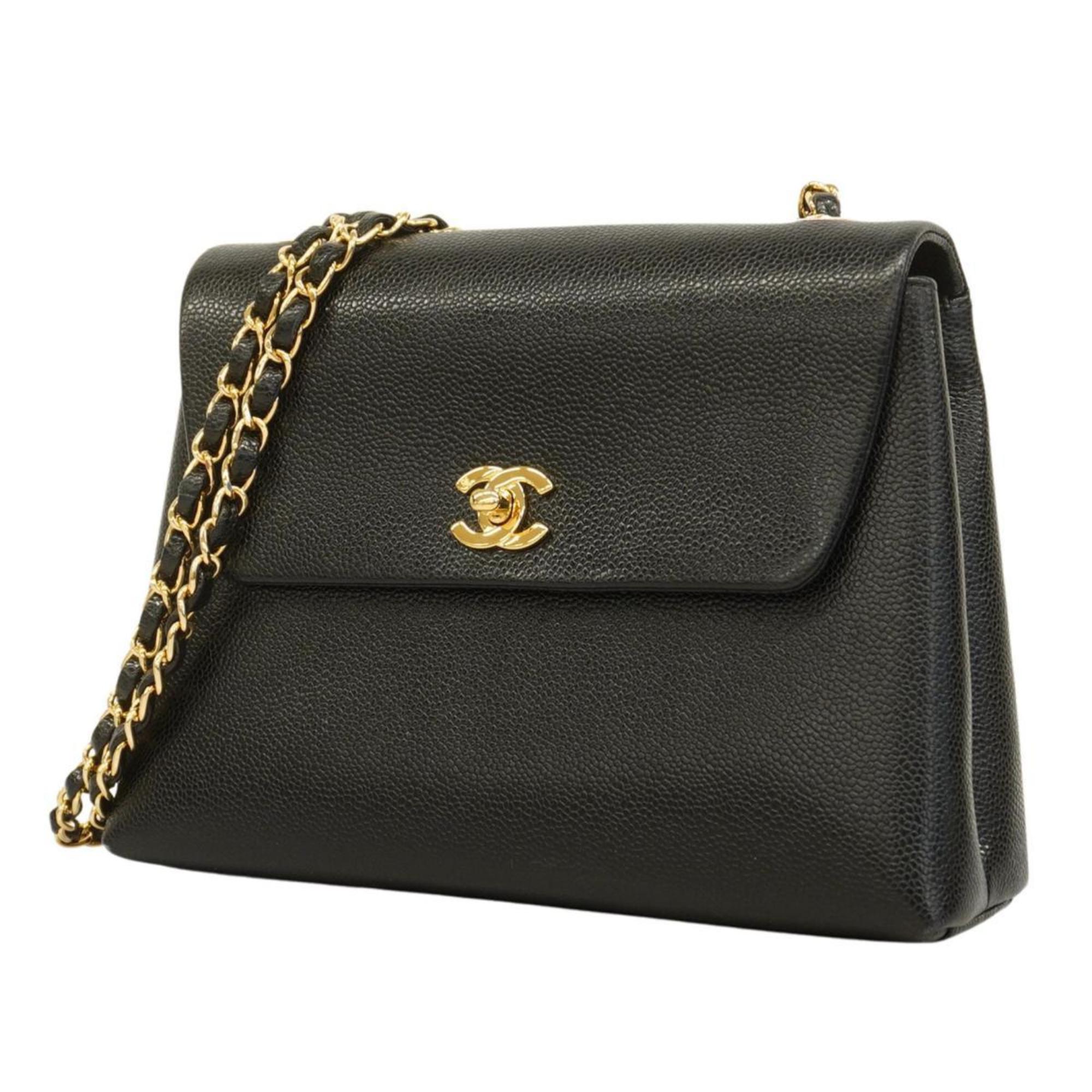 Chanel Shoulder Bag Chain Caviar Skin Black Champagne Women's