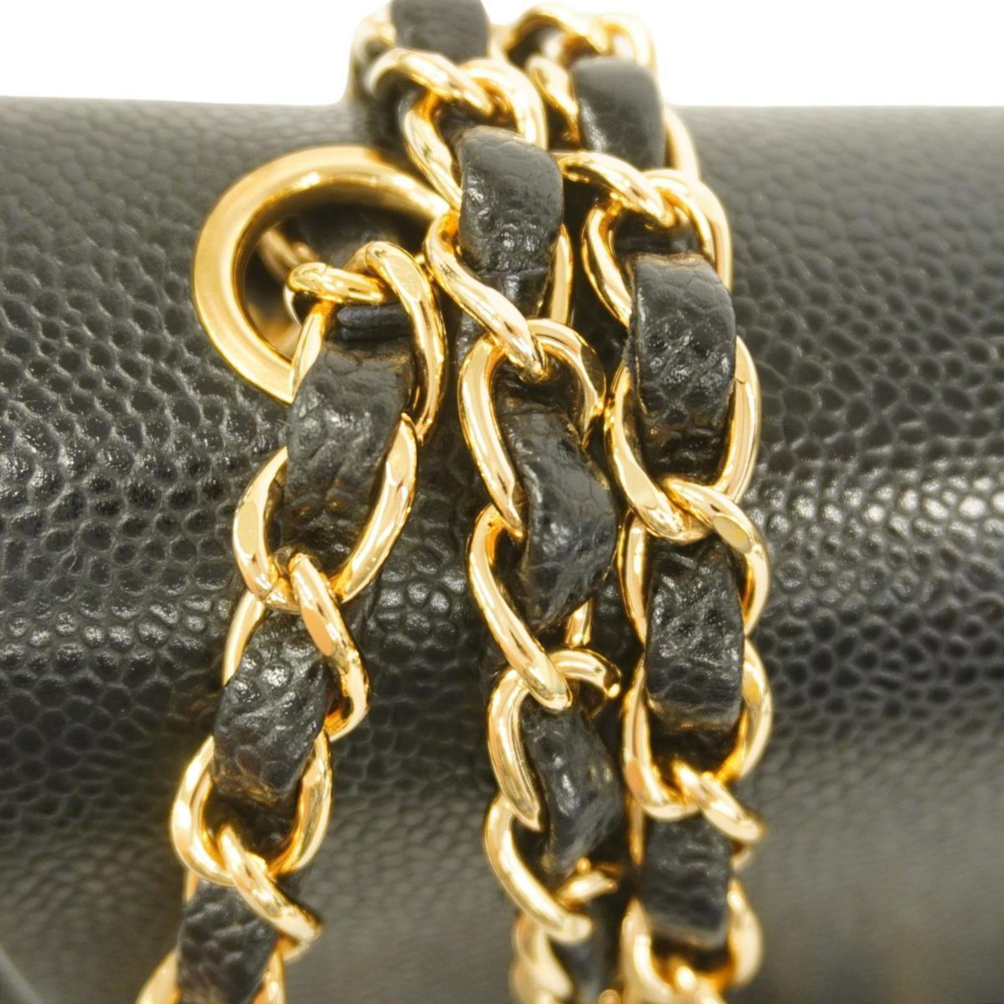 Chanel Shoulder Bag Chain Caviar Skin Black Champagne Women's