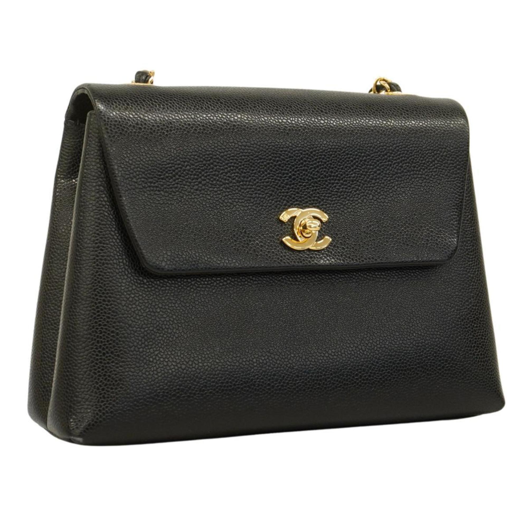 Chanel Shoulder Bag Chain Caviar Skin Black Champagne Women's