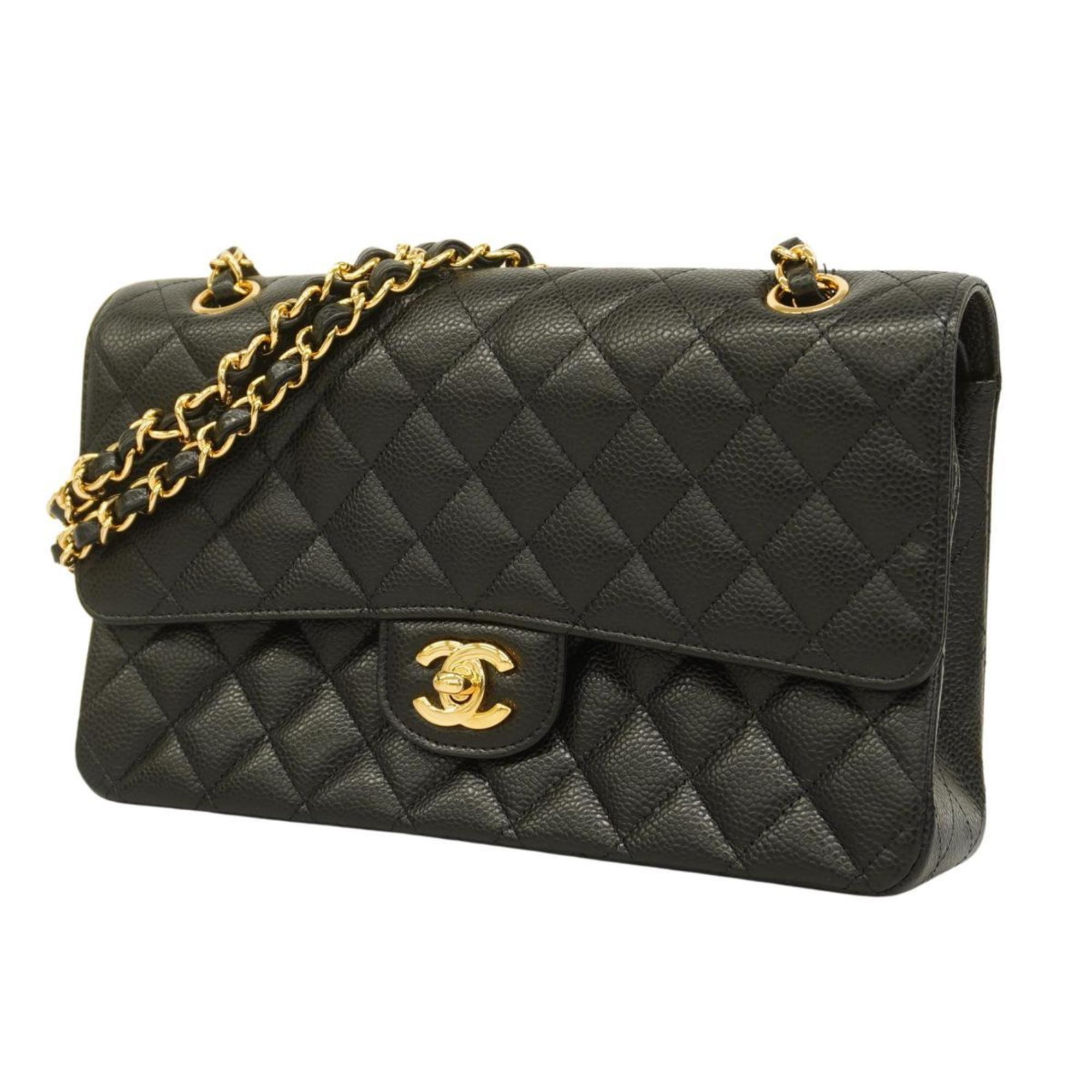 Chanel Shoulder Bag Matelasse W Flap Chain Caviar Skin Black Champagne Women's