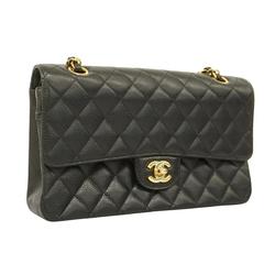 Chanel Shoulder Bag Matelasse W Flap Chain Caviar Skin Black Champagne Women's