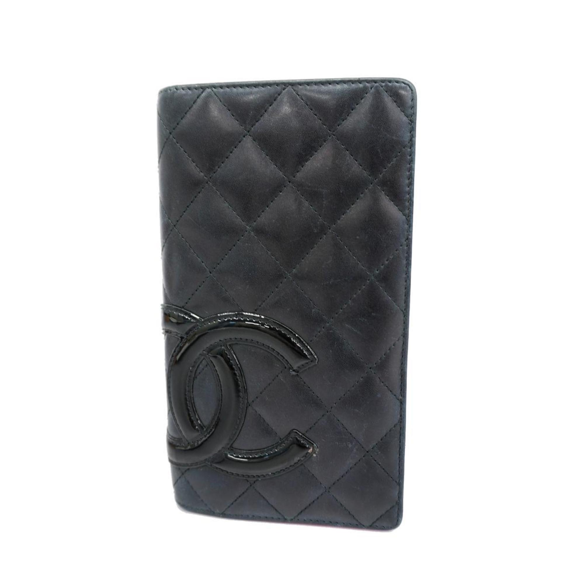 Chanel Long Wallet Cambon Lambskin Patent Leather Black Women's