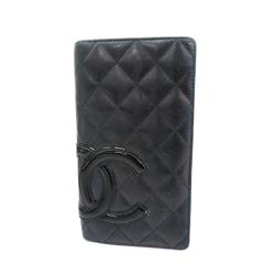 Chanel Long Wallet Cambon Lambskin Patent Leather Black Women's