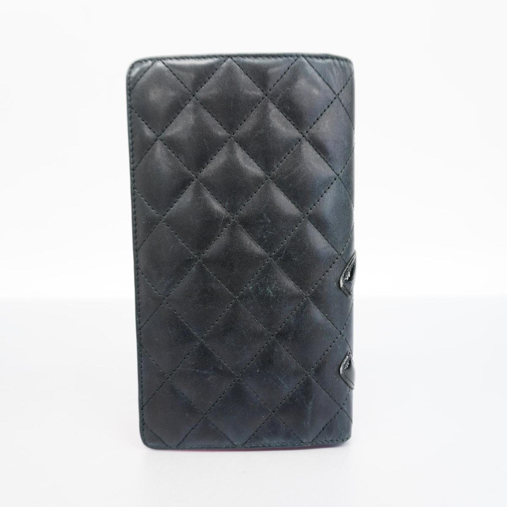 Chanel Long Wallet Cambon Lambskin Patent Leather Black Women's