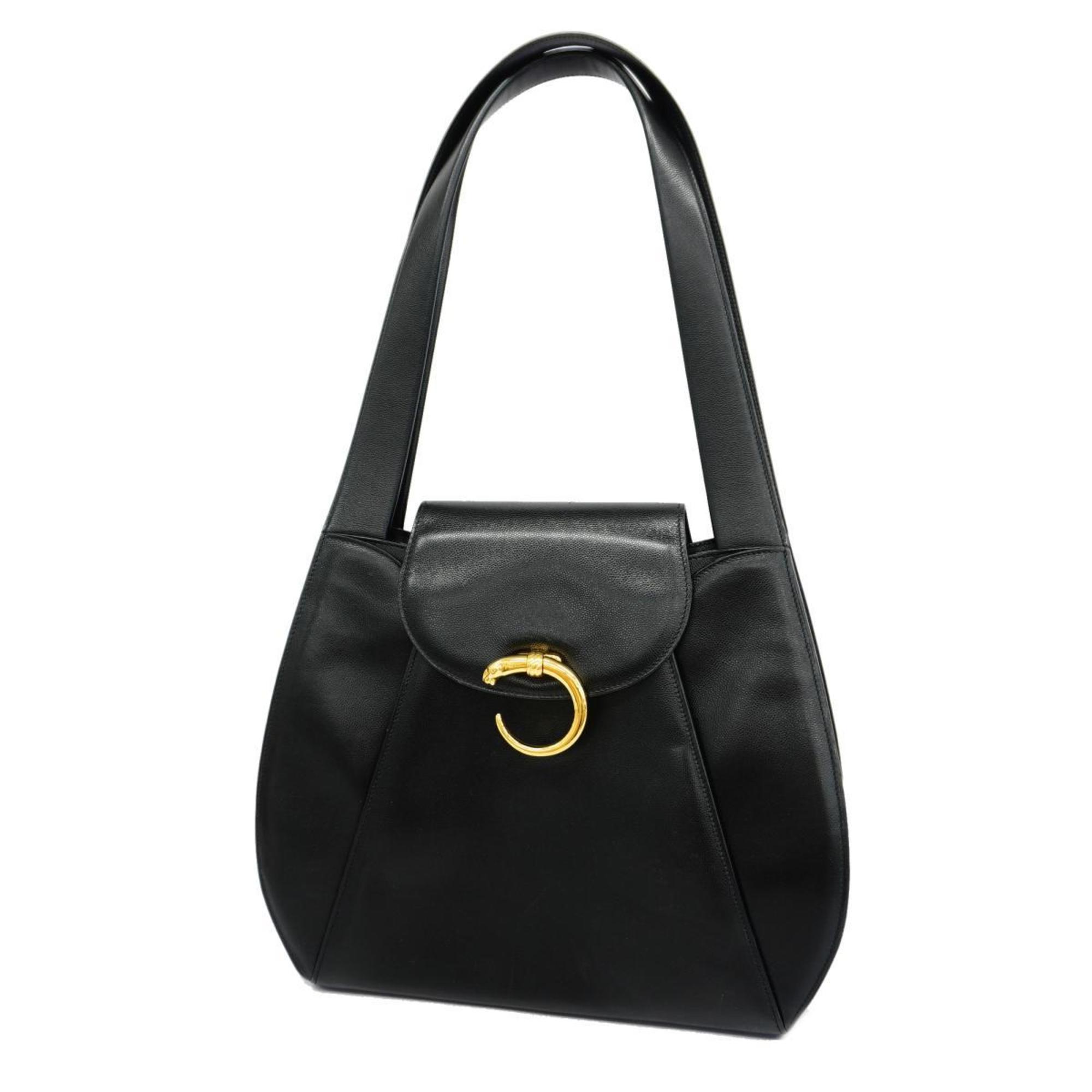 Cartier Shoulder Bag Panther Leather Black Women's