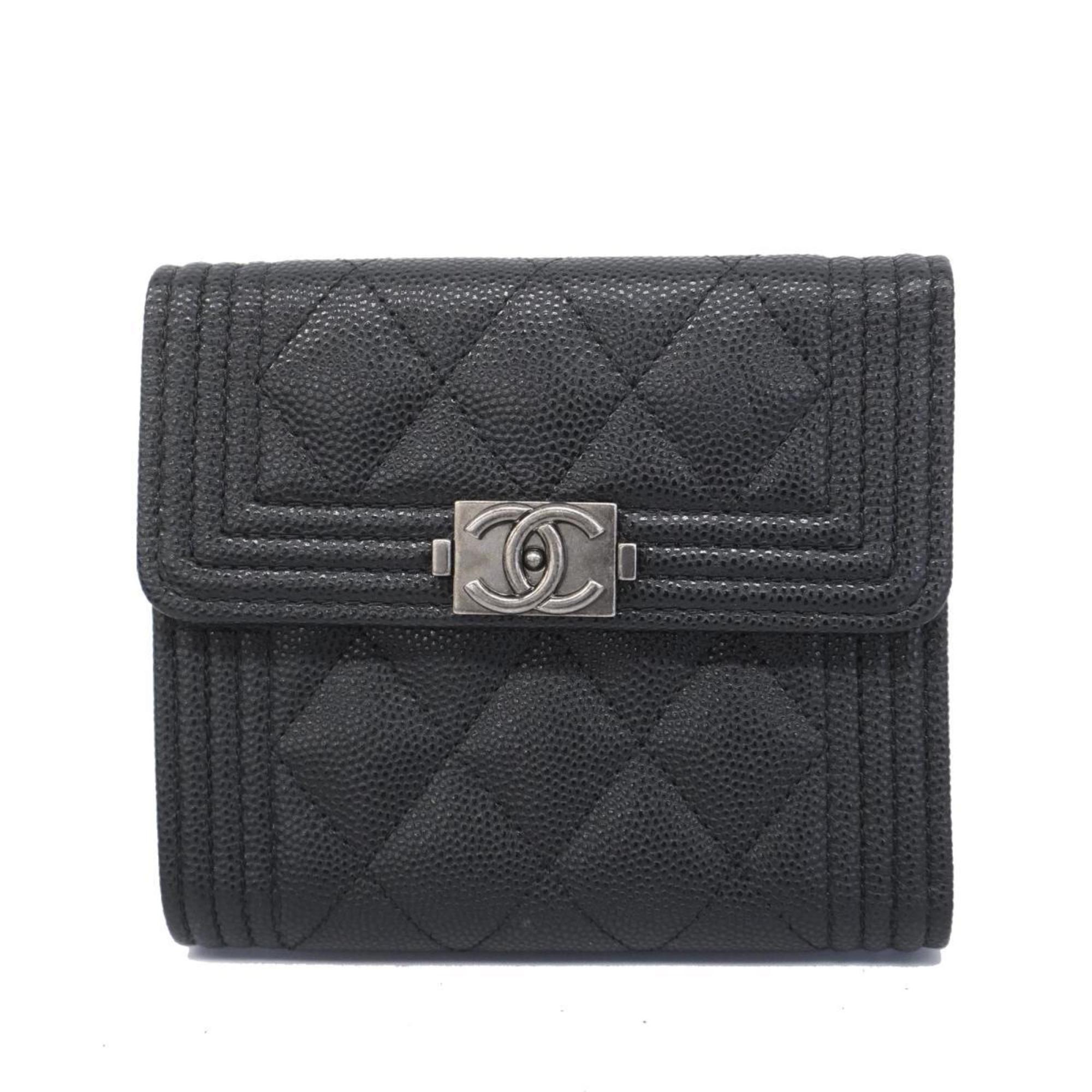 Chanel Tri-fold Wallet Boy Caviar Skin Black Women's