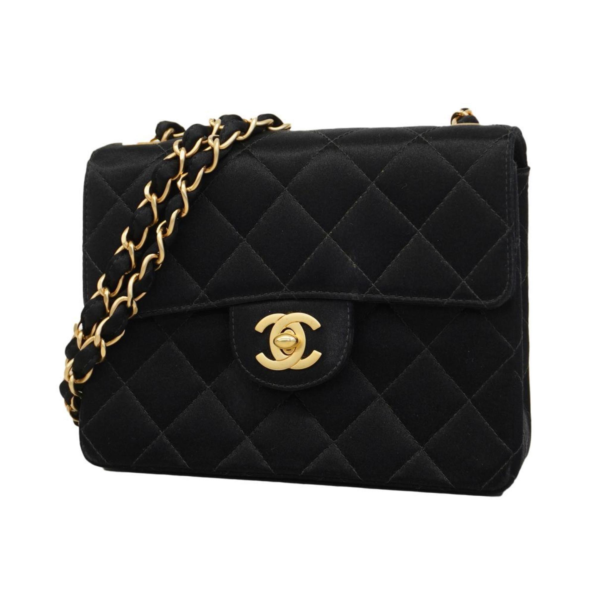 Chanel Shoulder Bag Matelasse Chain Satin Black Champagne Women's