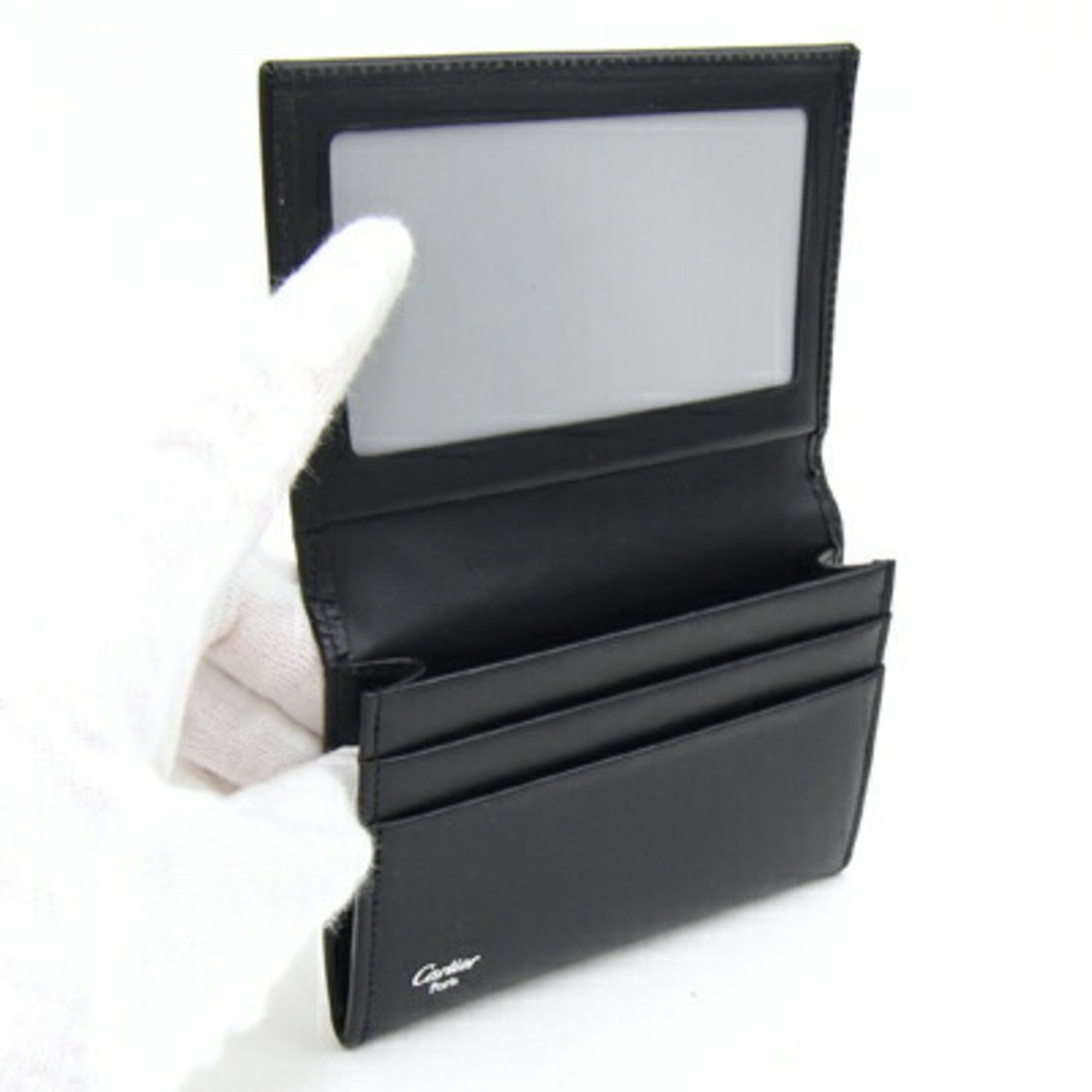 Cartier Business Card Holder Pasha de L3000132 Black Leather Case Men's