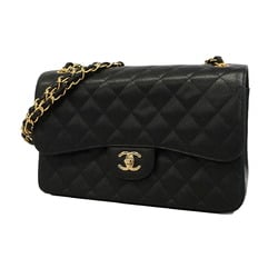 Chanel Shoulder Bag Matelasse W Flap Chain Caviar Skin Black Champagne Women's