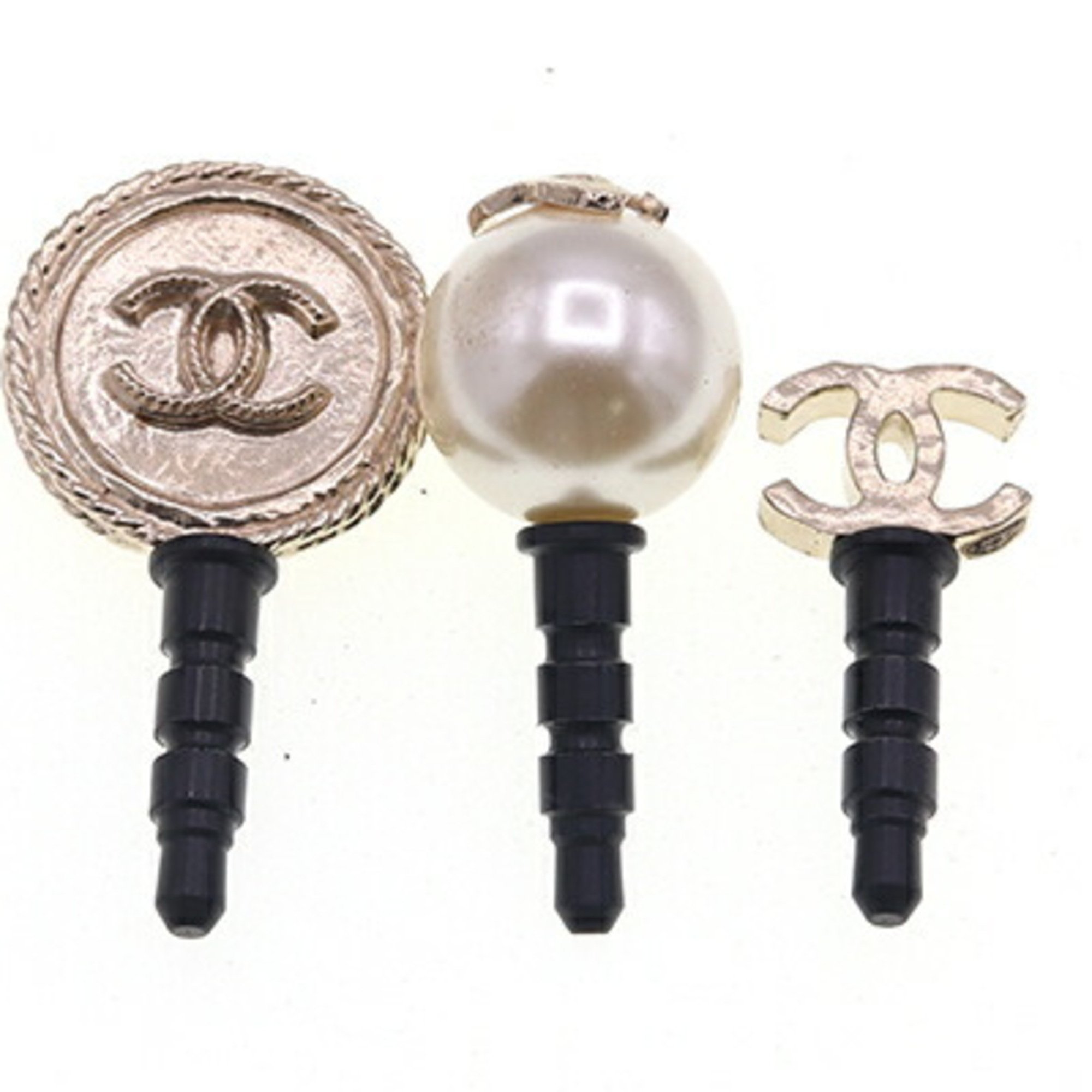 Chanel Earphone Jack Black Champagne Gold B14P Coco Mark Fake Pearl Mobile Women's CHANEL