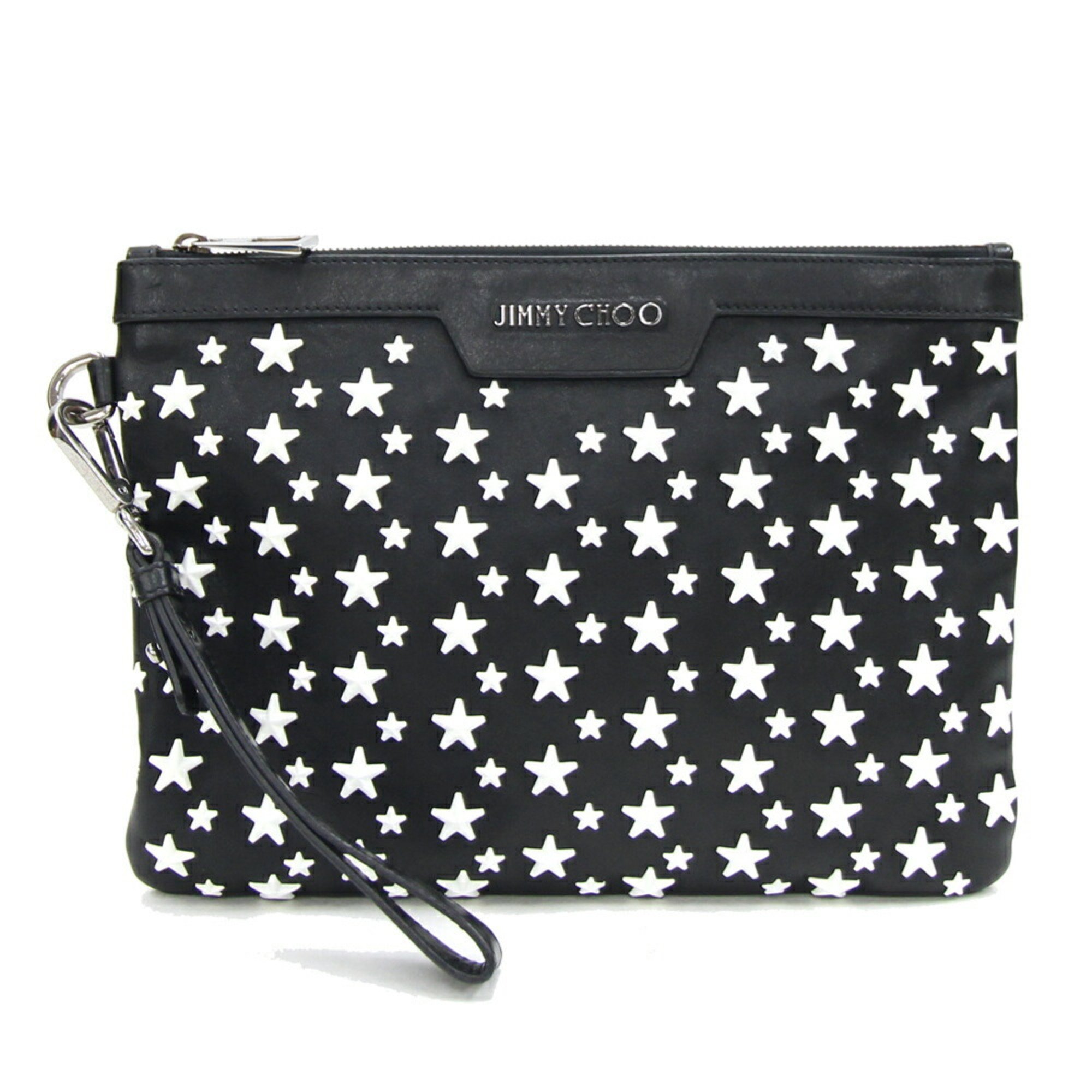 Jimmy Choo Clutch Bag Star Studs Derek Black White Leather Strap Pouch Men's JIMMY CHOO