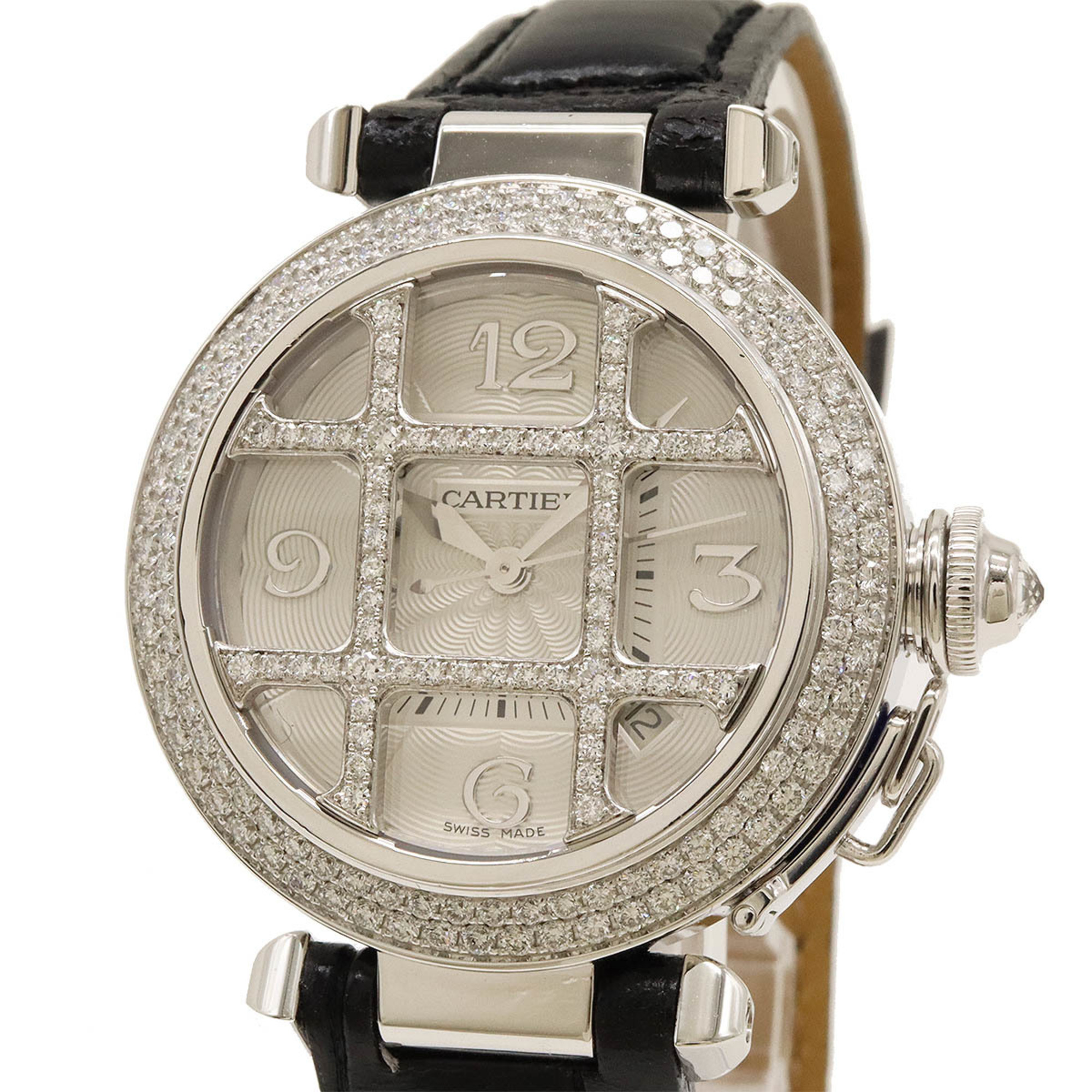 Cartier Pasha Grid 32 SS K18WG Leather Strap Diamond Bezel 32mm AT Automatic Ladies Watch