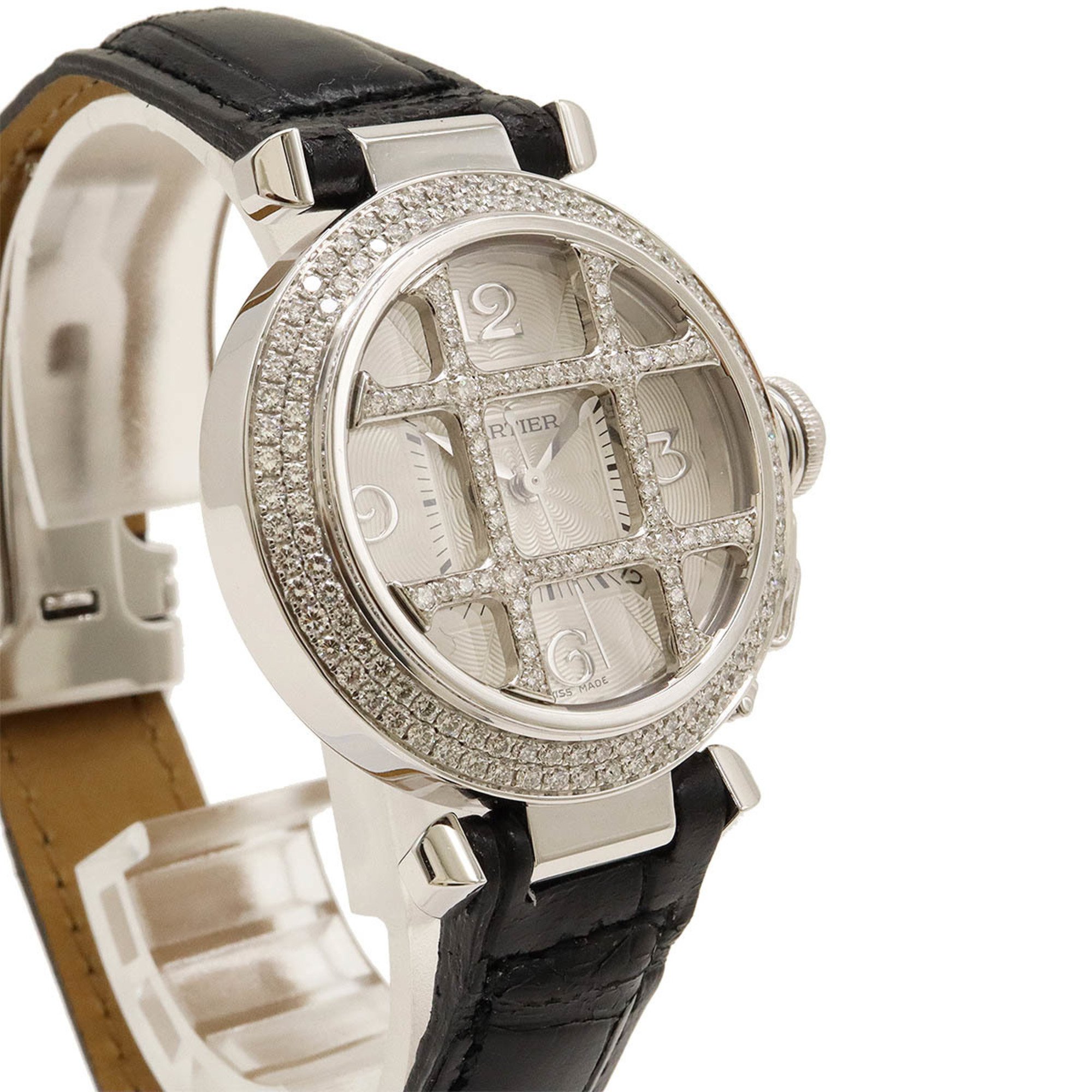 Cartier Pasha Grid 32 SS K18WG Leather Strap Diamond Bezel 32mm AT Automatic Ladies Watch