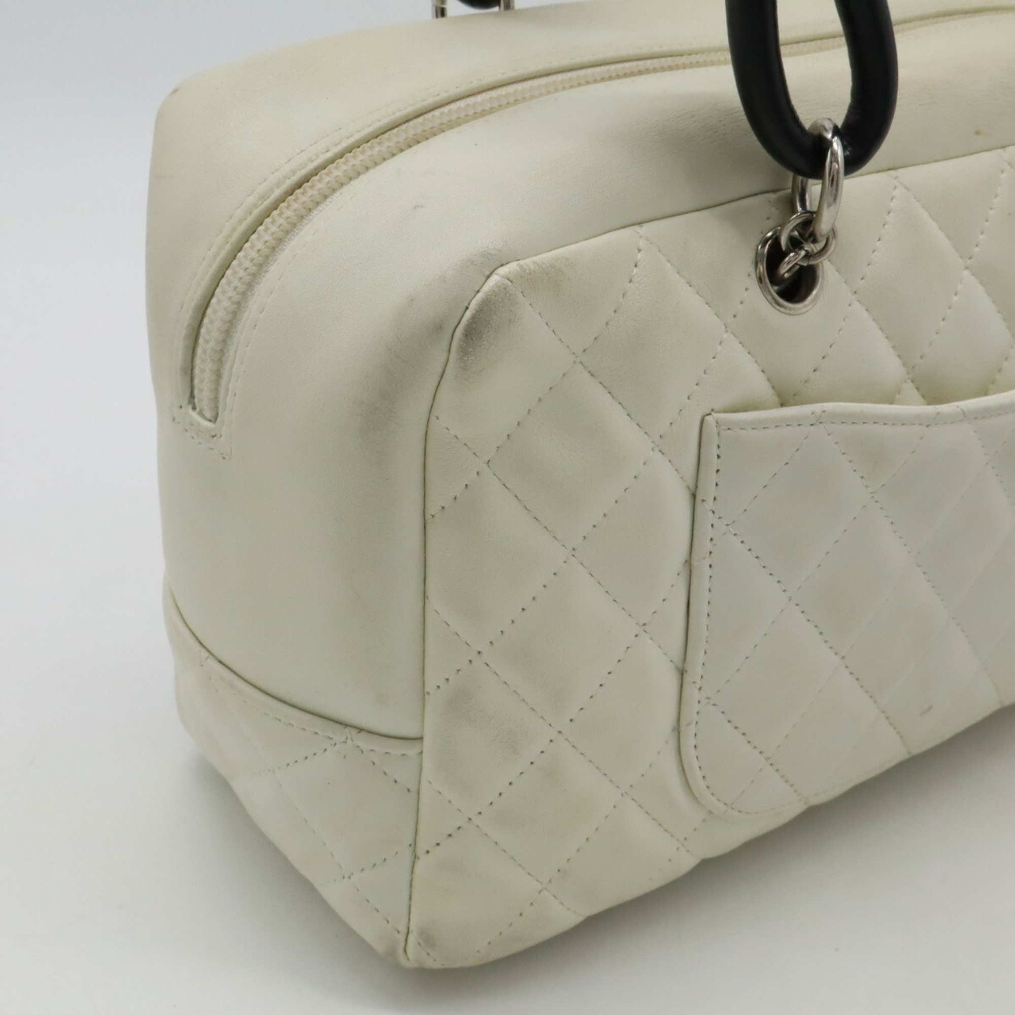 CHANEL Cambon Line Bag Bowling Shoulder Leather Off-White Black A25171