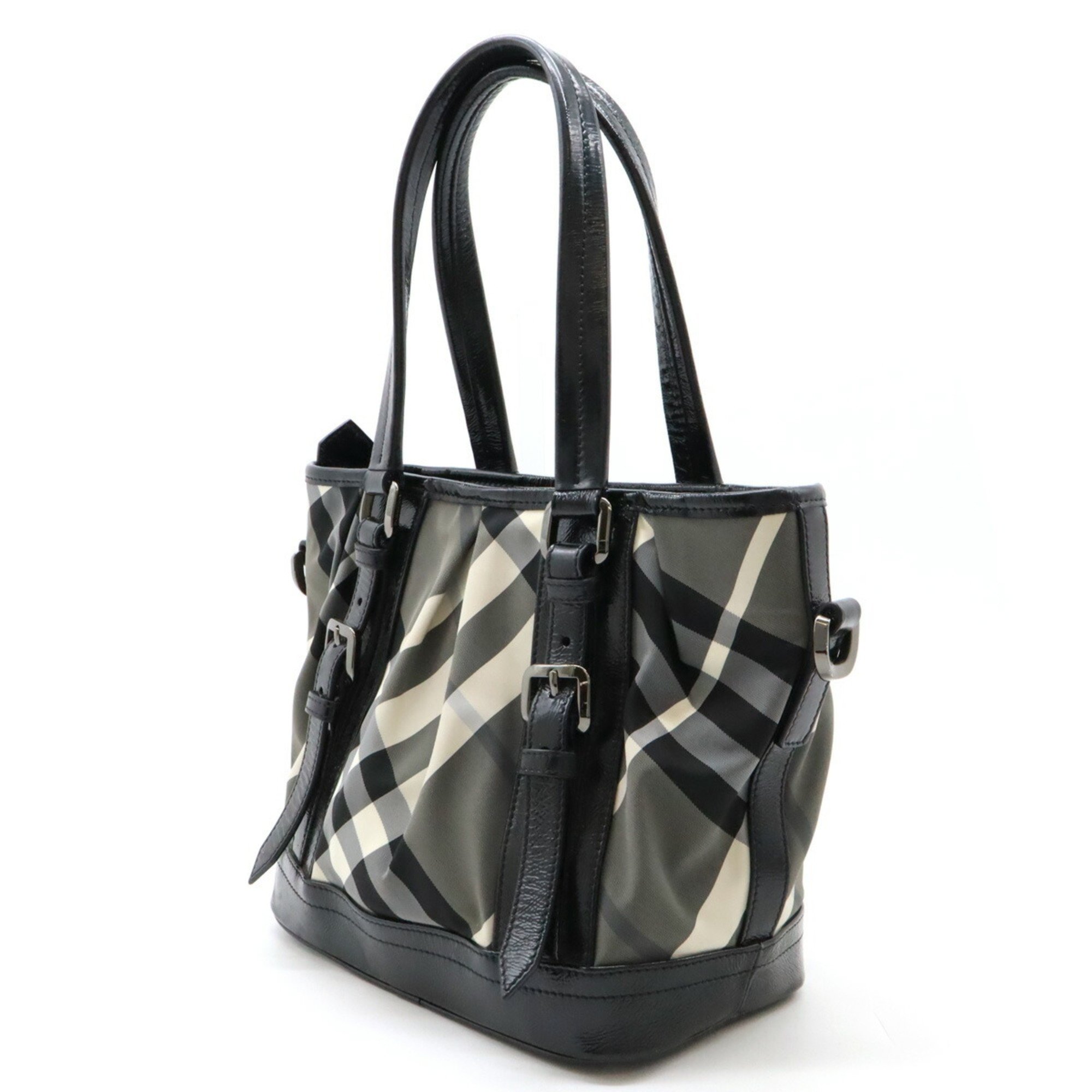 BURBERRY Beat Check Pattern Tote Bag Shoulder Nylon Patent Leather Enamel Black Grey