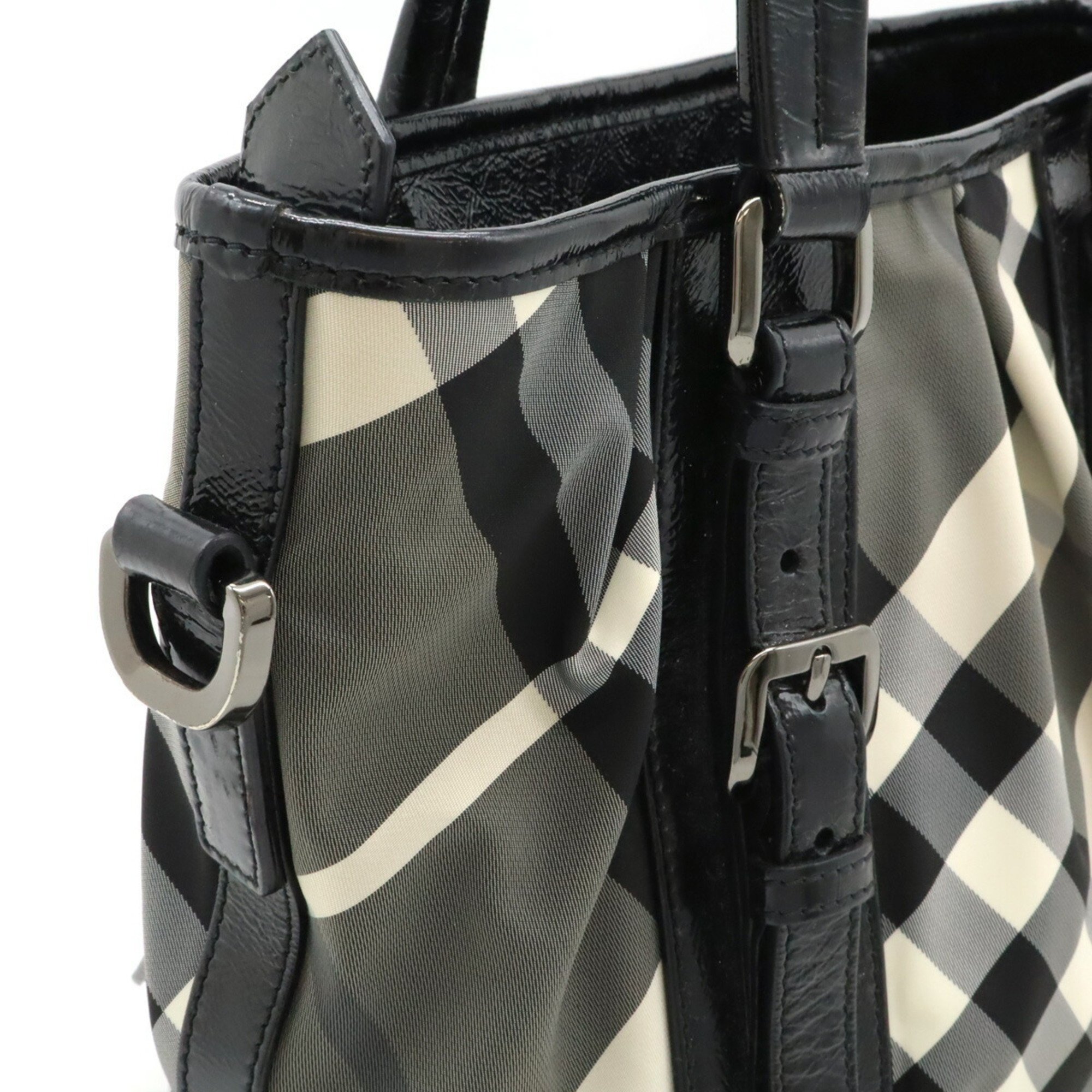 BURBERRY Beat Check Pattern Tote Bag Shoulder Nylon Patent Leather Enamel Black Grey