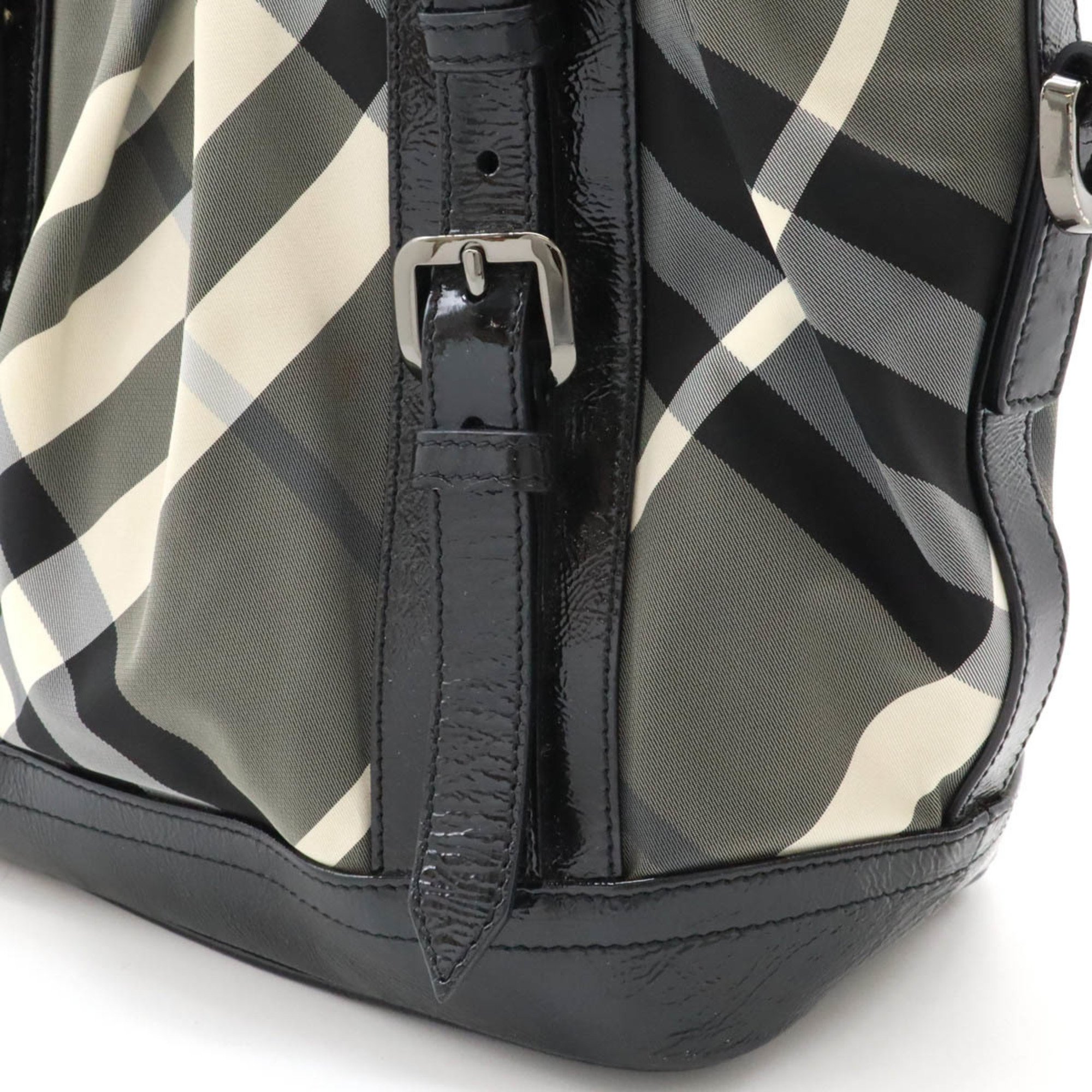 BURBERRY Beat Check Pattern Tote Bag Shoulder Nylon Patent Leather Enamel Black Grey