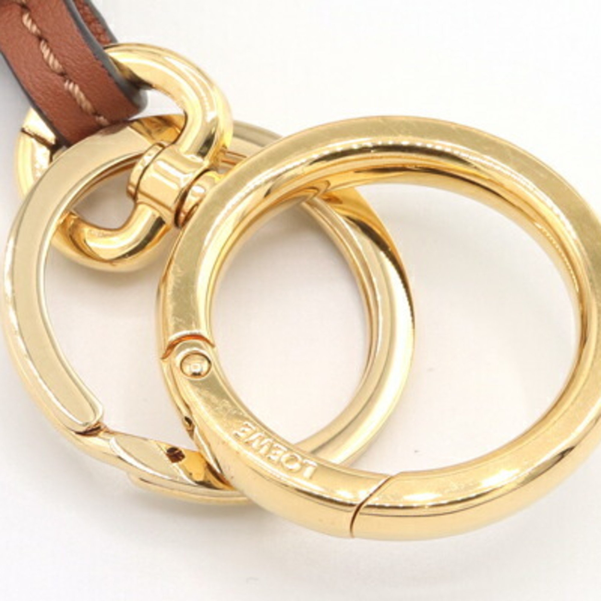 LOEWE Bag Charm Anagram C821232X01 Gold Tan Calfskin Metal Key Holder Ring Women's