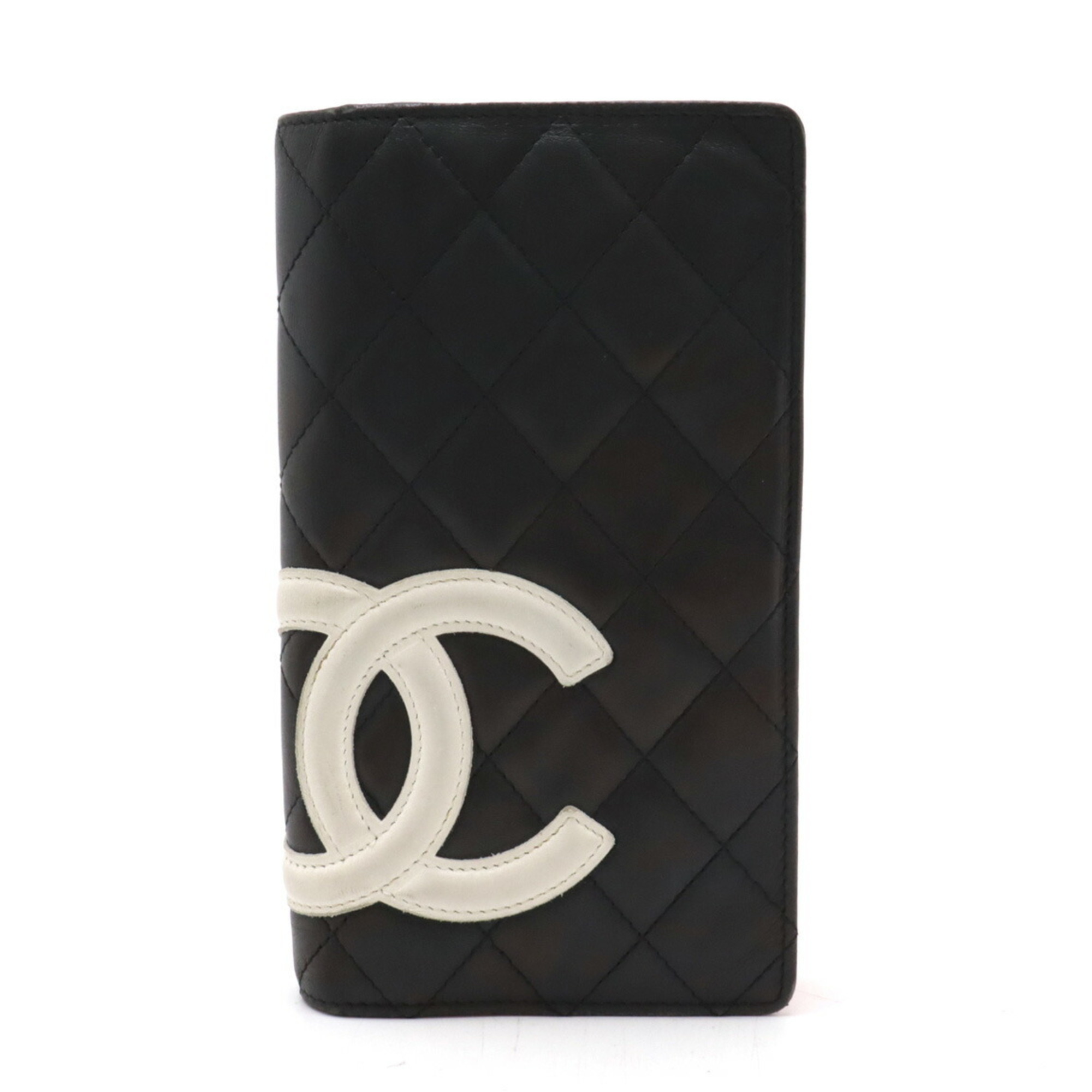 CHANEL Cambon Line Coco Mark Bi-fold Long Wallet Leather Soft Calf Black White Pink A26717