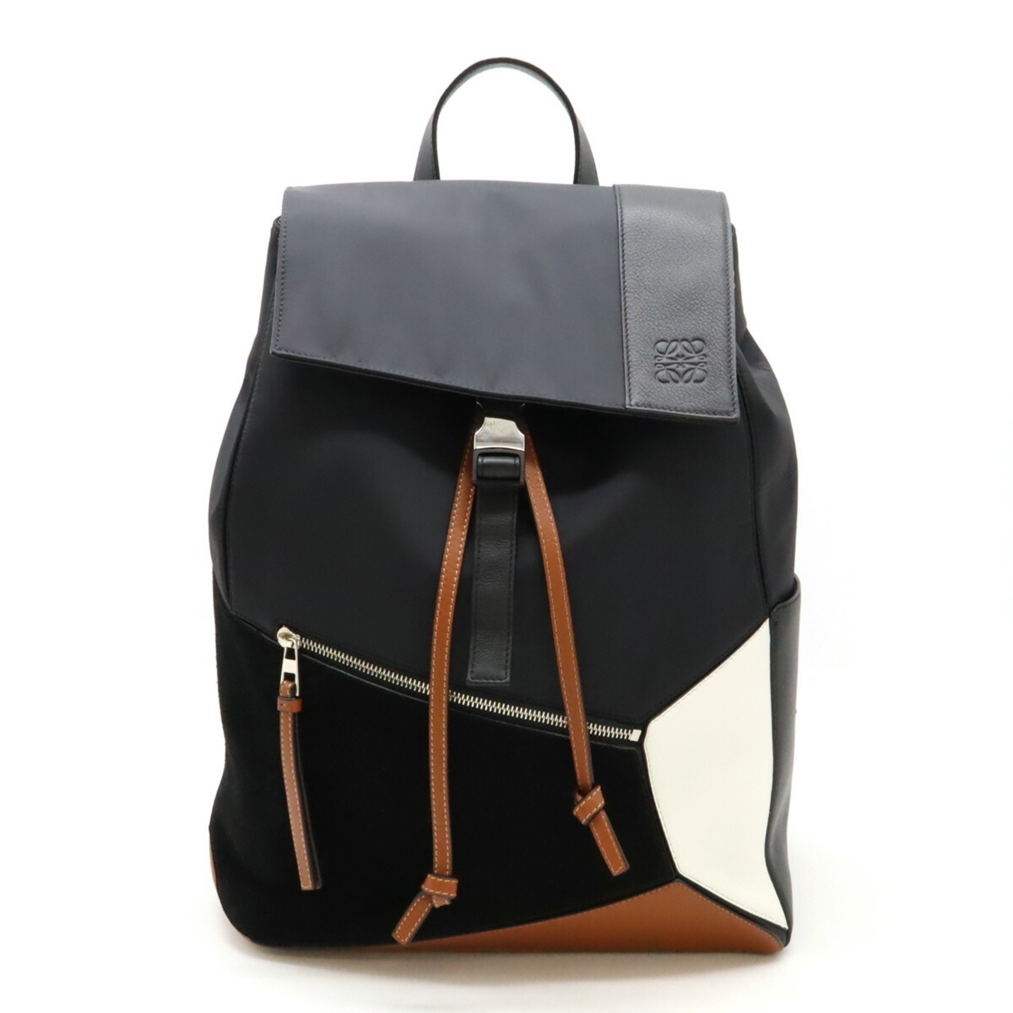 LOEWE Puzzle Anagram Backpack, Nylon, Leather, Suede, Black, Brown, 335.80.Z54