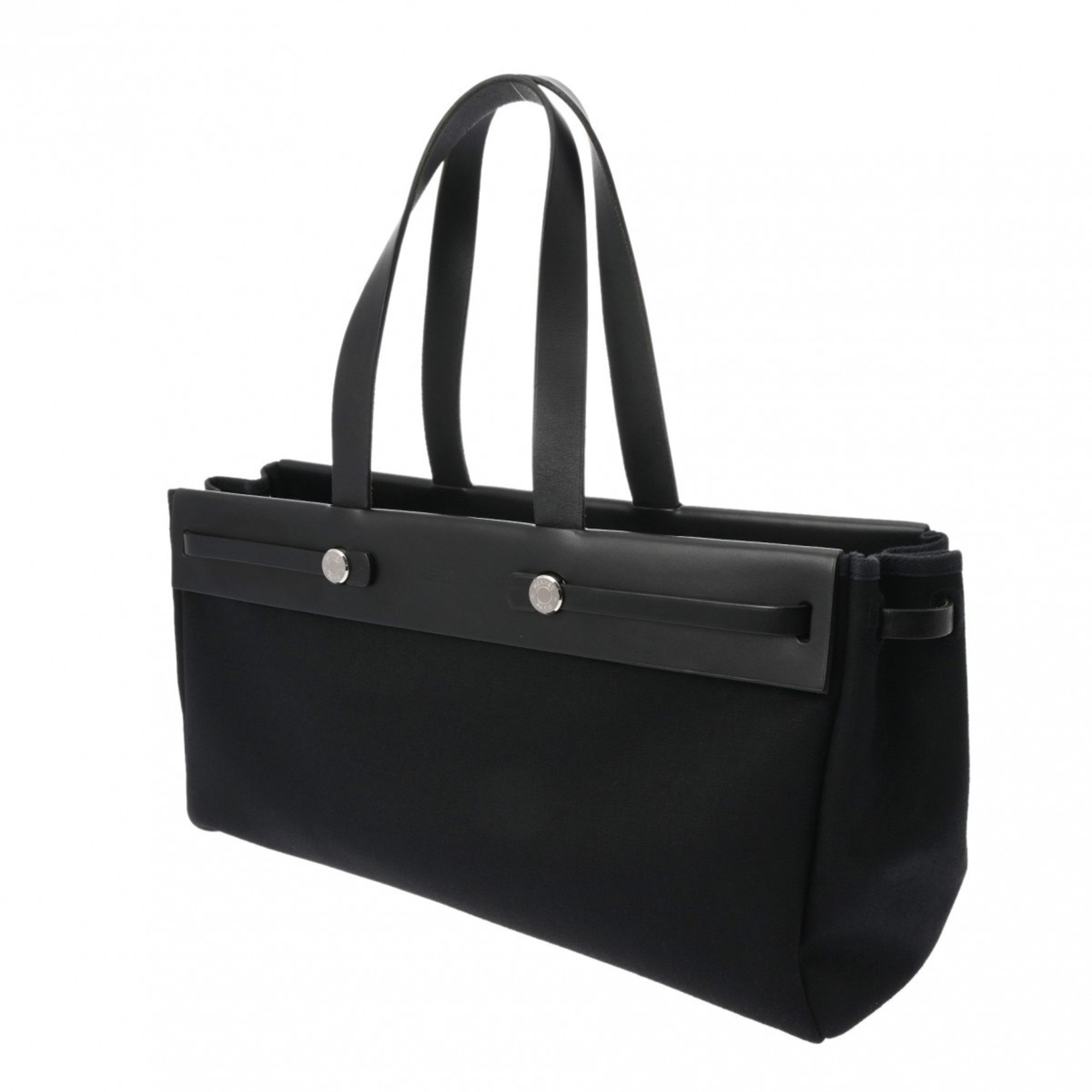 HERMES Hermes Airbag Cabas MM Black □F stamp (around 2002) Women's Toile Officier/Leather Tote Bag