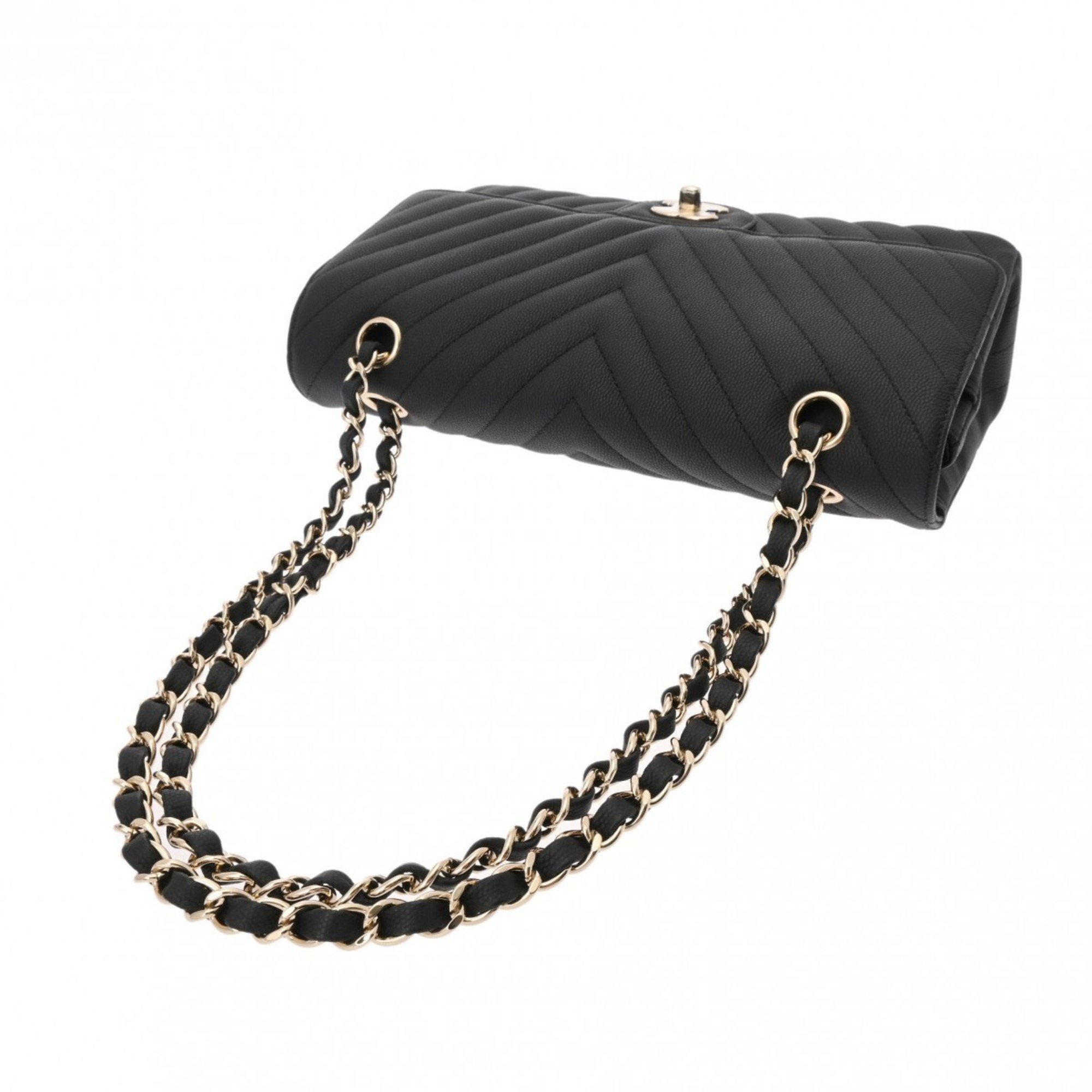 CHANEL V-stitched chain shoulder bag 25cm black A01112 women's caviar skin