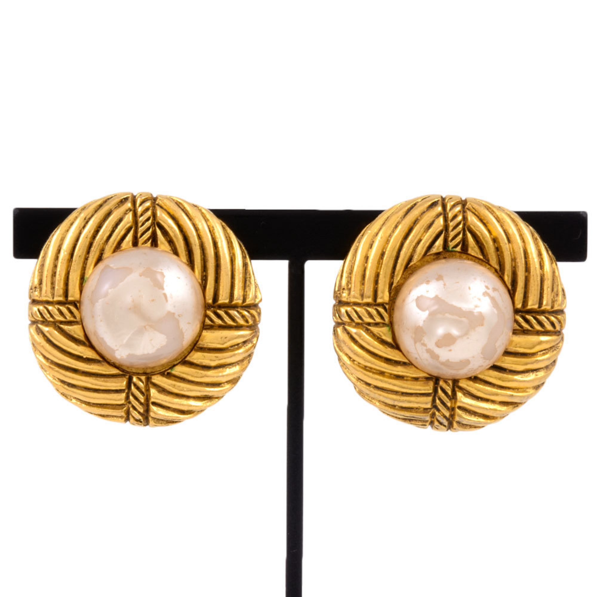 CHANEL Round Earrings, Faux Pearl, GP, Women's, Circle