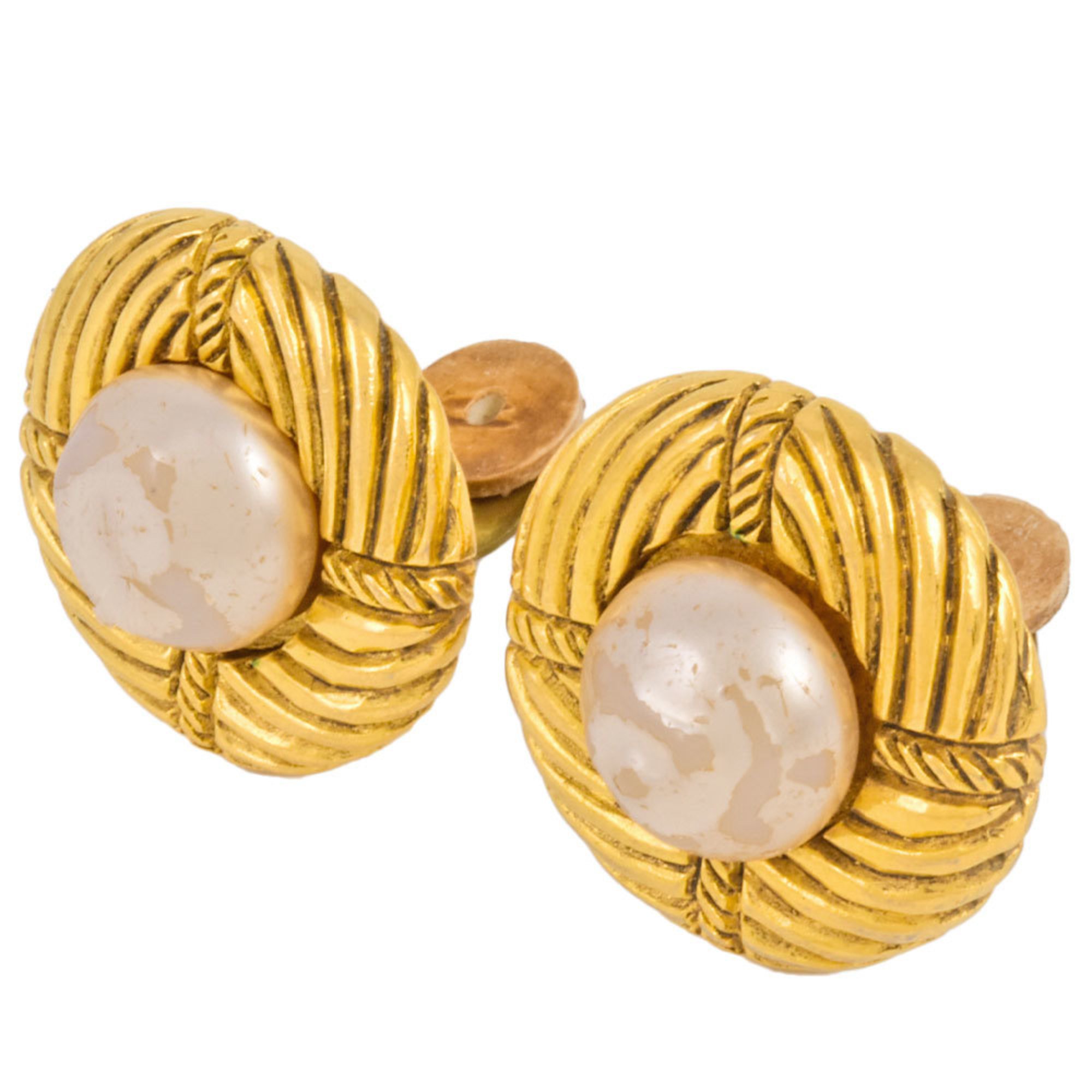 CHANEL Round Earrings, Faux Pearl, GP, Women's, Circle