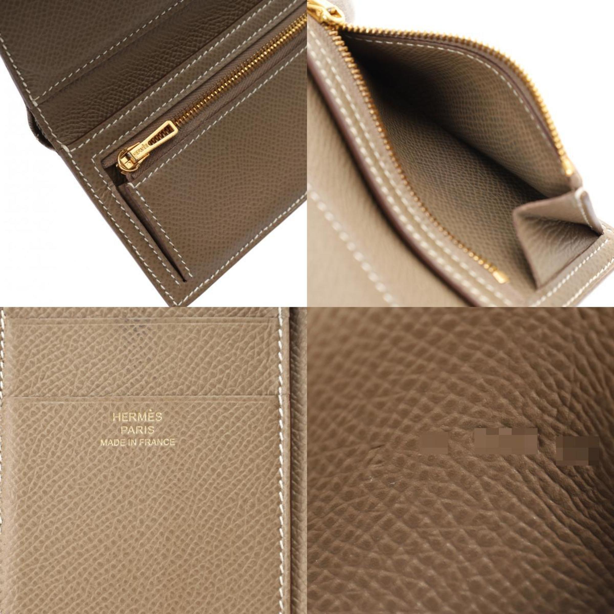 HERMES Bearn Combination Etoupe Z Stamp (around 2021) Women's Epsom Leather Tri-Fold Wallet