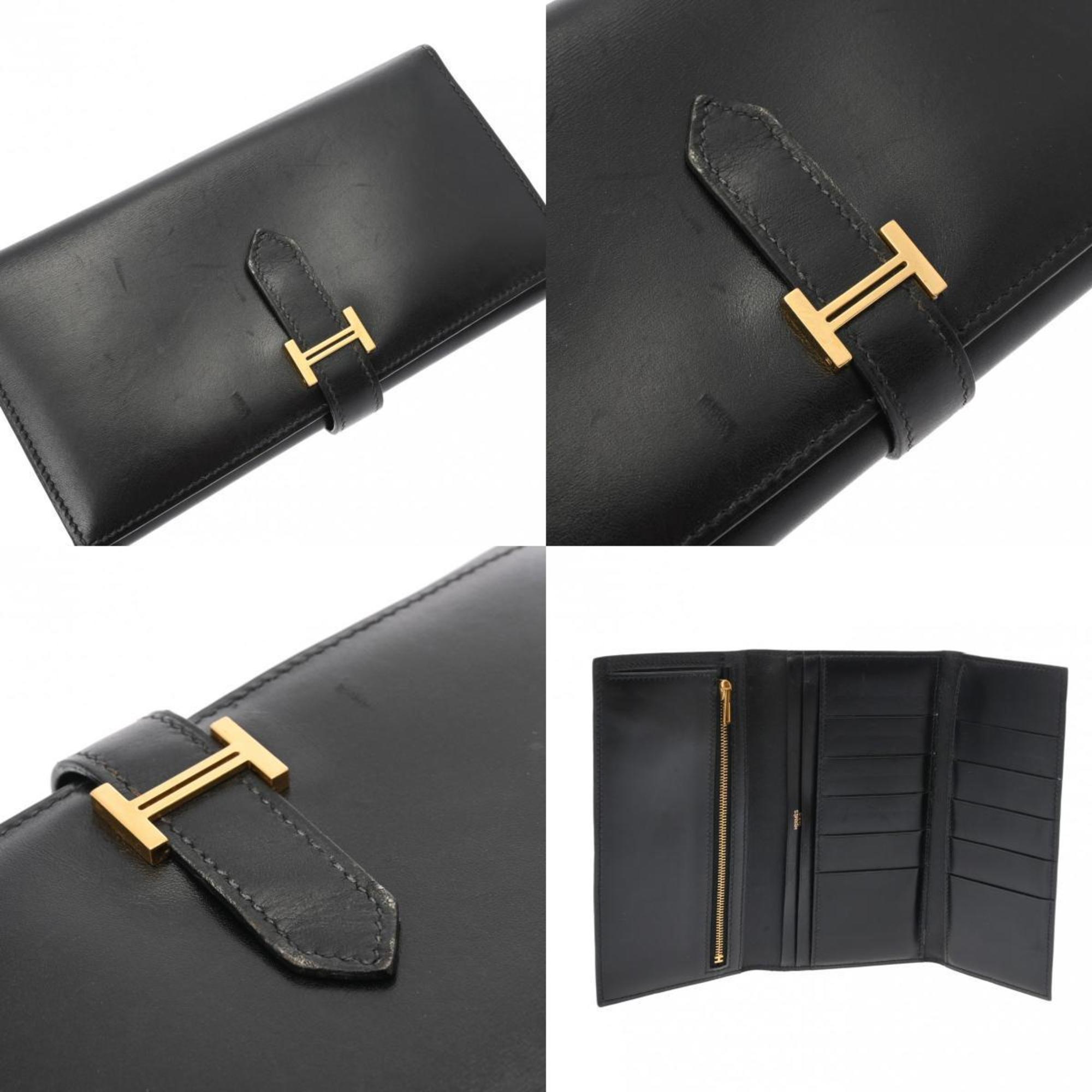 HERMES Hermes Bearn Black □I stamp (around 2005) Unisex Box calf leather tri-fold wallet