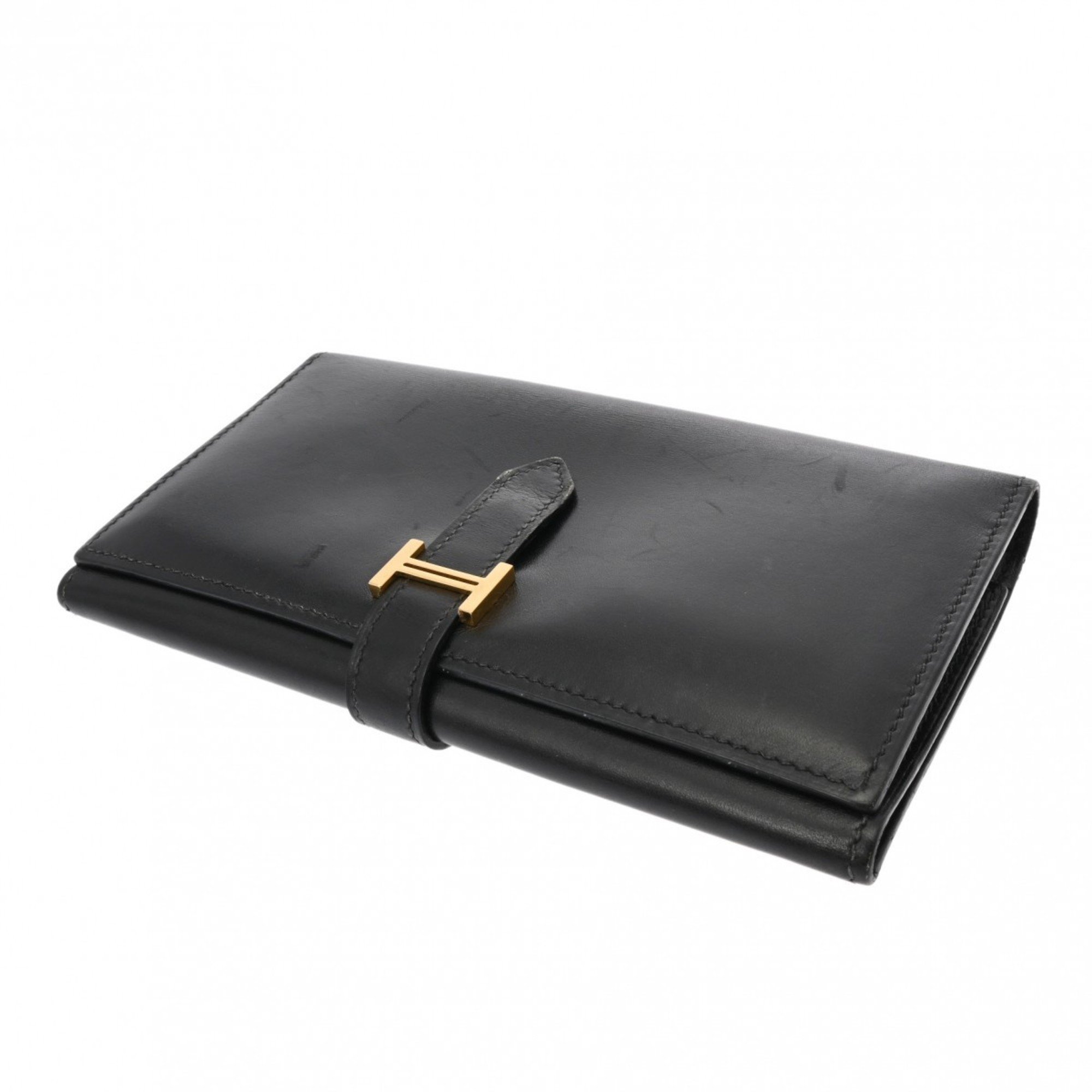 HERMES Hermes Bearn Black □I stamp (around 2005) Unisex Box calf leather tri-fold wallet