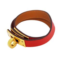 Hermes Bracelet Kelly Double Tour GP Plated Leather Gold Red Brown Women's