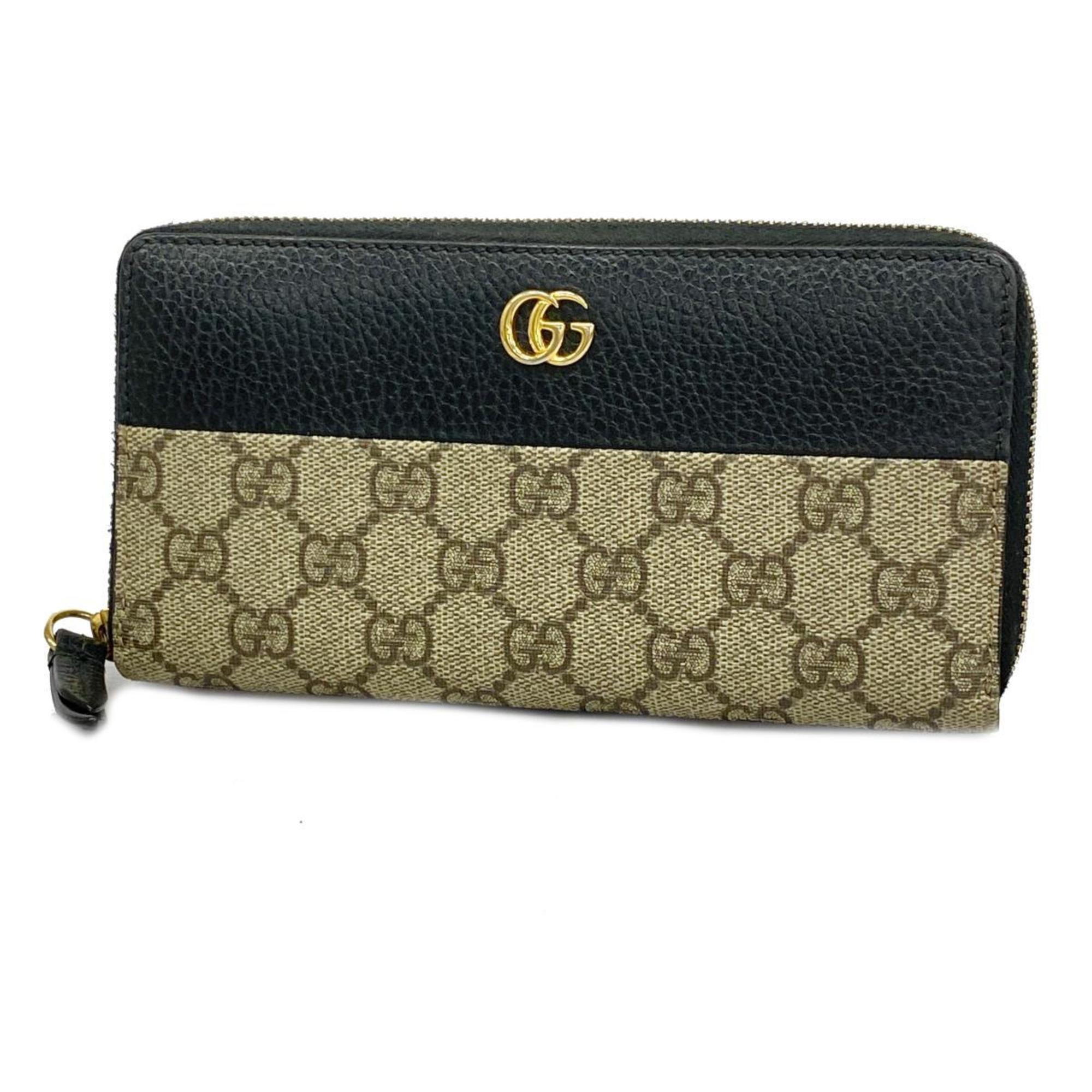 Gucci Long Wallet GG Marmont Supreme 456117 Leather Brown Black Women's